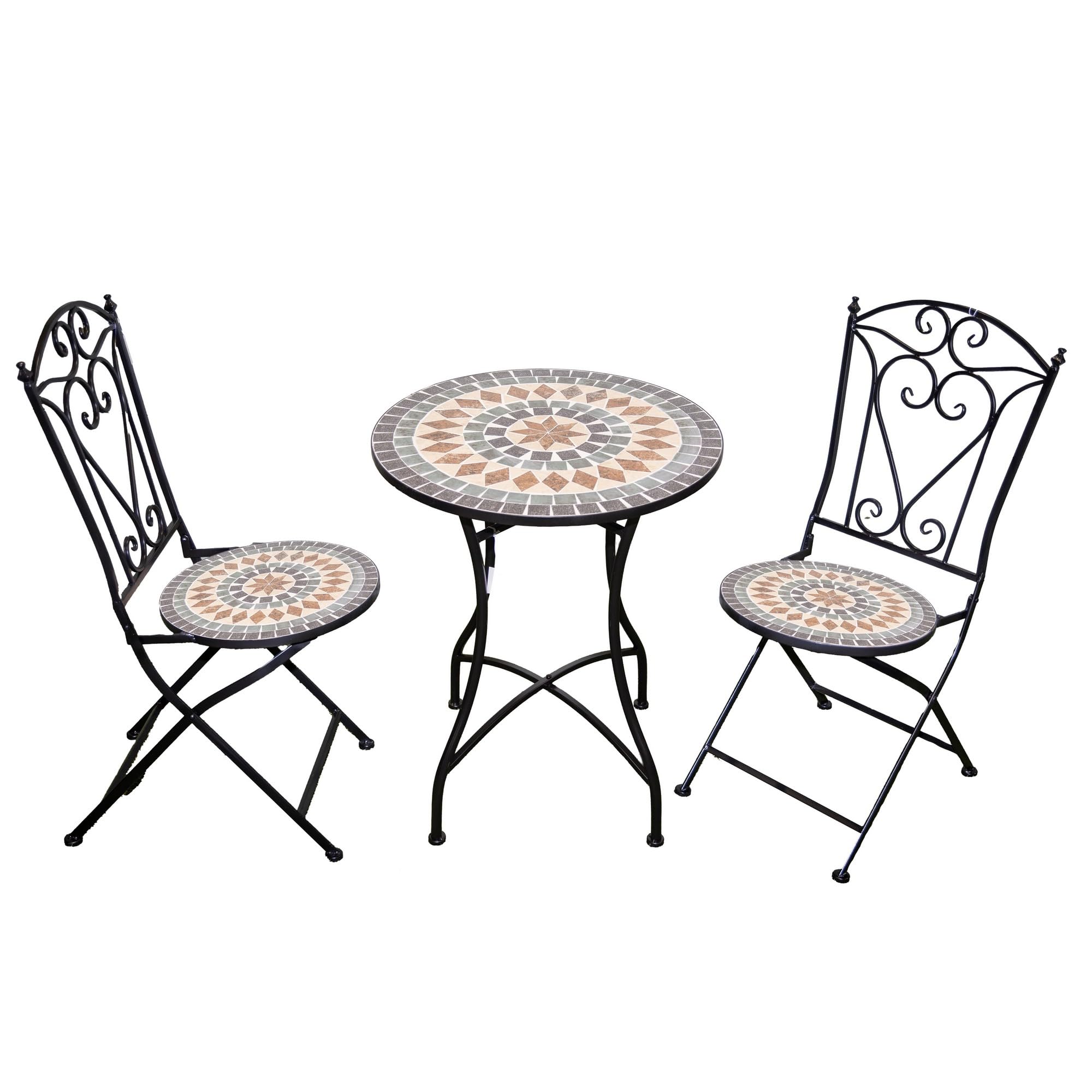 Mosaic Bistro Set 3 Pieces - 2 Folding Chairs and Round Table 60cm Marrakech Metal Outdoor Garden Furniture Set for Balcony, Terrace, Porch, Outdoor Dining