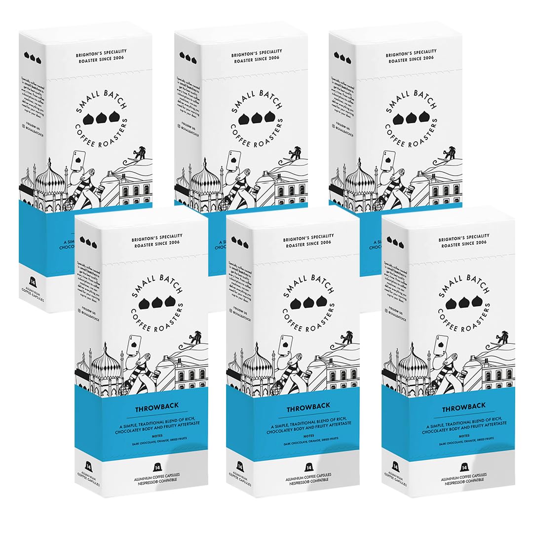 Small Batch Coffee RoastersThrowback Coffee Pods (Compatible with Nespresso) made with 100% Arabica Coffee Beans Freshly Roasted Rich Chocolate & Citrus (6 Boxes x 14 pods = 84 PODS)