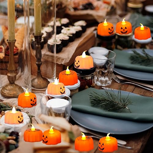 Miniatura 6 de VIHOSE 12 velas de calabaza de Halloween, decoración sin llama, parpadeantes, de calabaza, luces de té de calabaza Jack O Lantern, funciona con