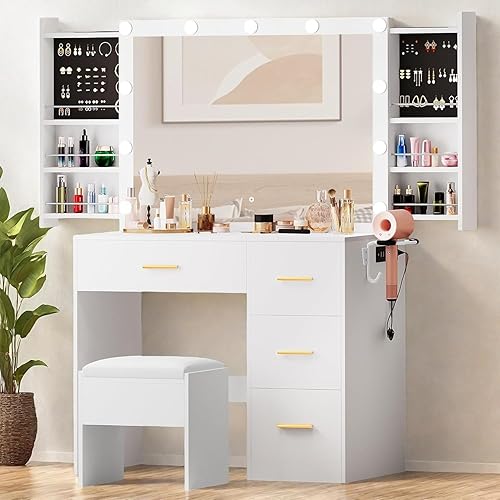 YITAHOME Escritorio de tocador iluminado con espejo, estación de carga, 4 cajones y taburete de tocador, tocador de maquillaje con estantes ocultos