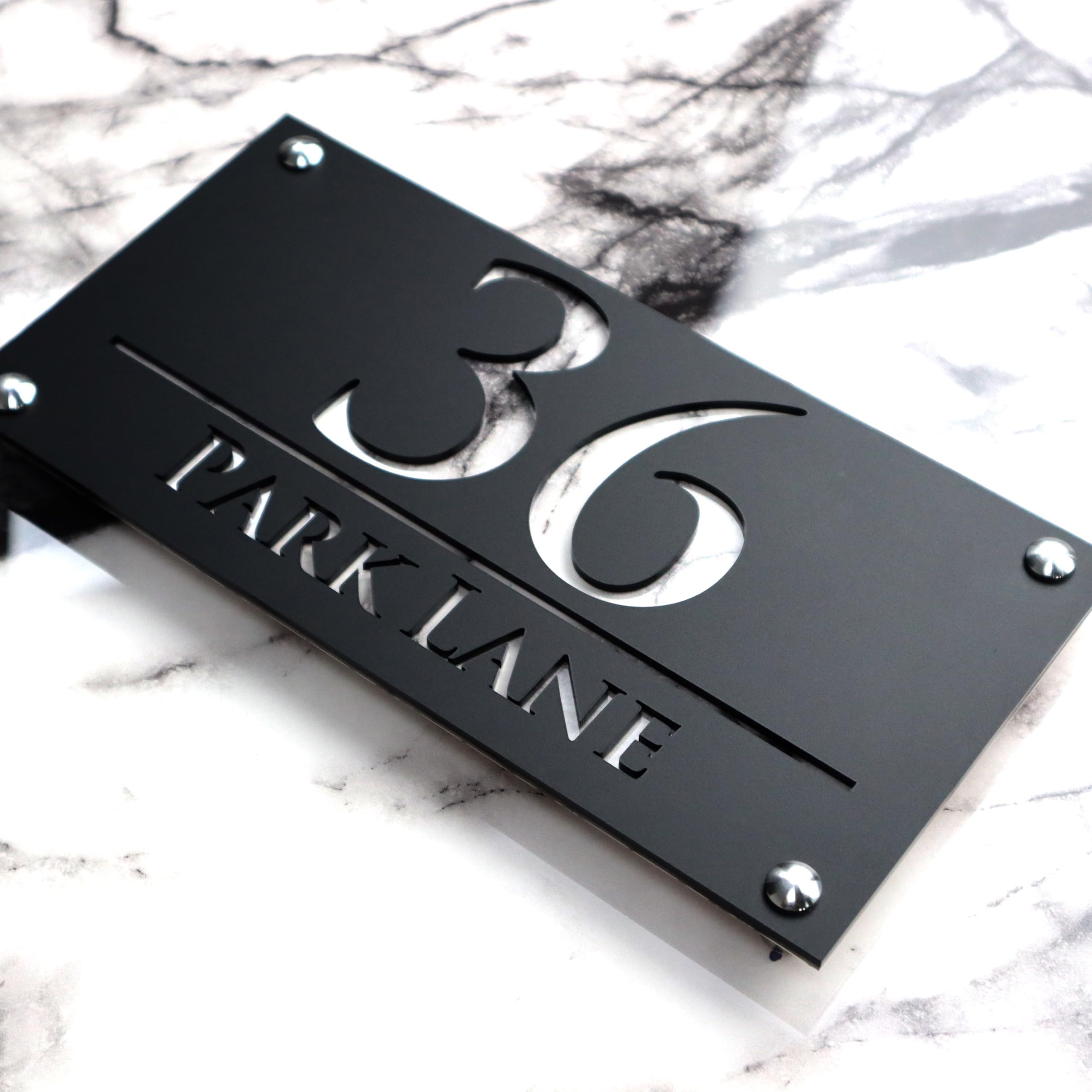 LUXE H3 F32 | House Numbers Plaques House Numbers Door Laser Signs Number Name Personalised Plaques For Outside 3D Laser Cut acrylic Mirrored Marble (Matt Black & White Marble)