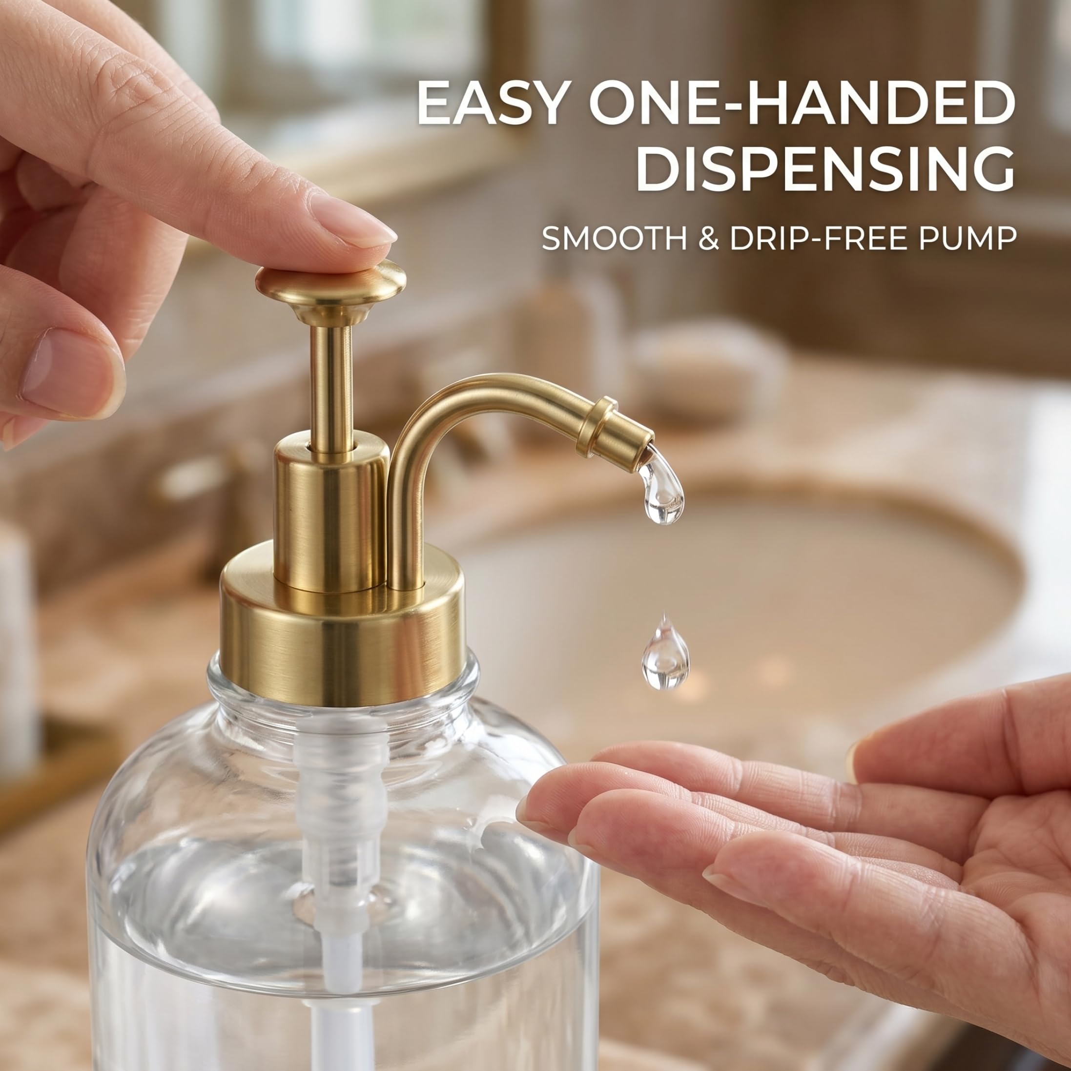 2er-Pack Seifenspender-Set aus Glas, nachfüllbare Hand- und Spülmittelspender mit goldfarbener Metallpumpe, durchsichtige Flaschen, ideal für Küche und Badezimmer, Gold