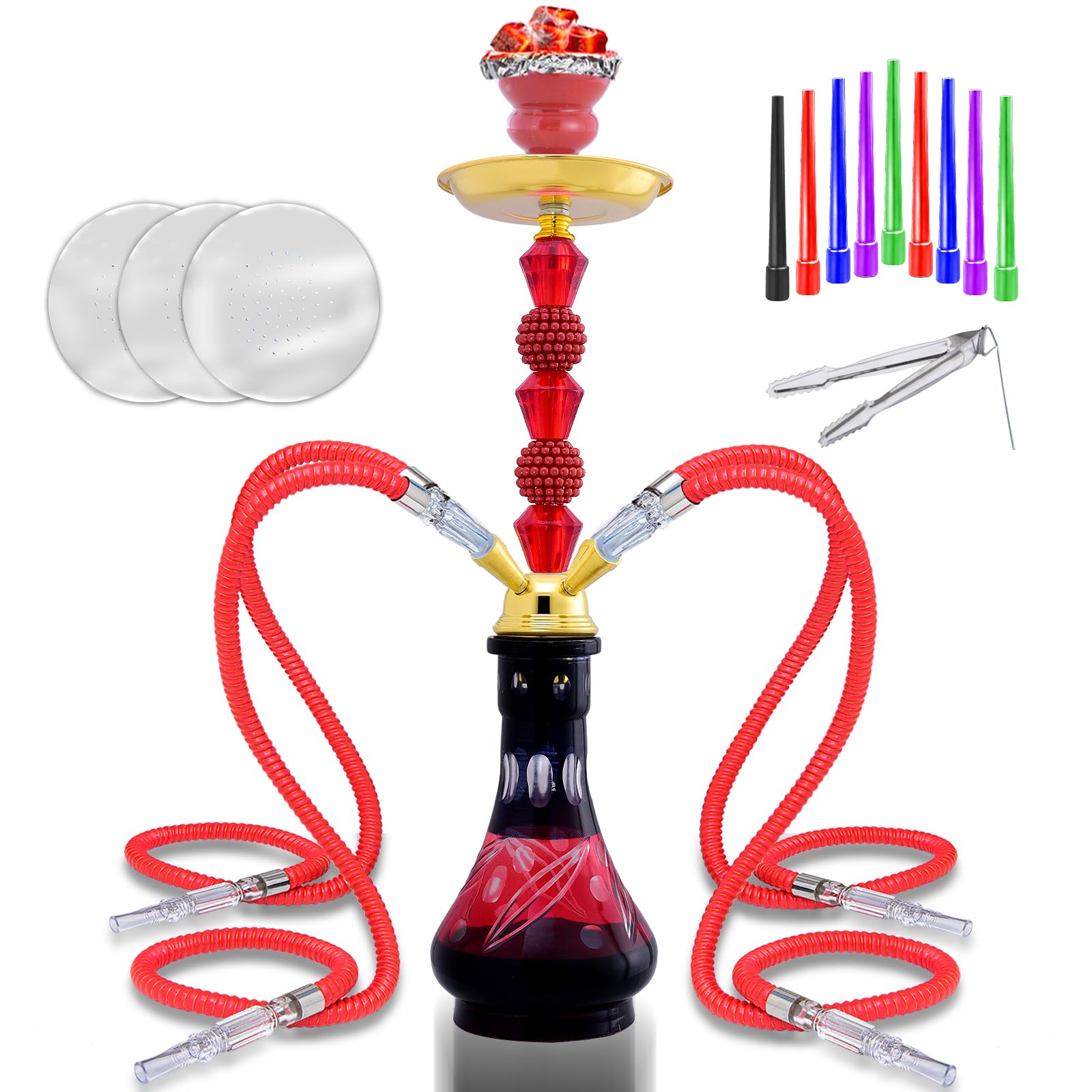 22 Premium 4-Hose Hookah Set - Complete Kit with Glass Base 20 Tips 50 Pre-Punched Foils for Social