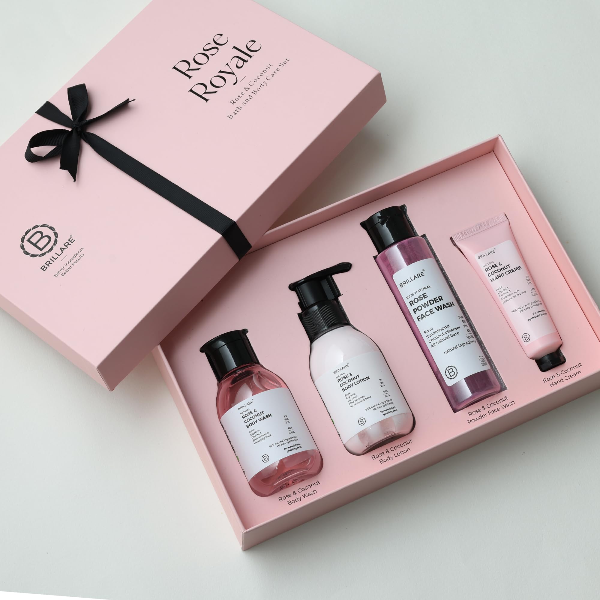 Brillare Rose Royale Gift Box | Rose Body Wash, Body Scrub, Face Wash & Face Scrub | Luxurious Skincare for All Skin Types | Perfect Gift for Special Occasions (Pack of 4)