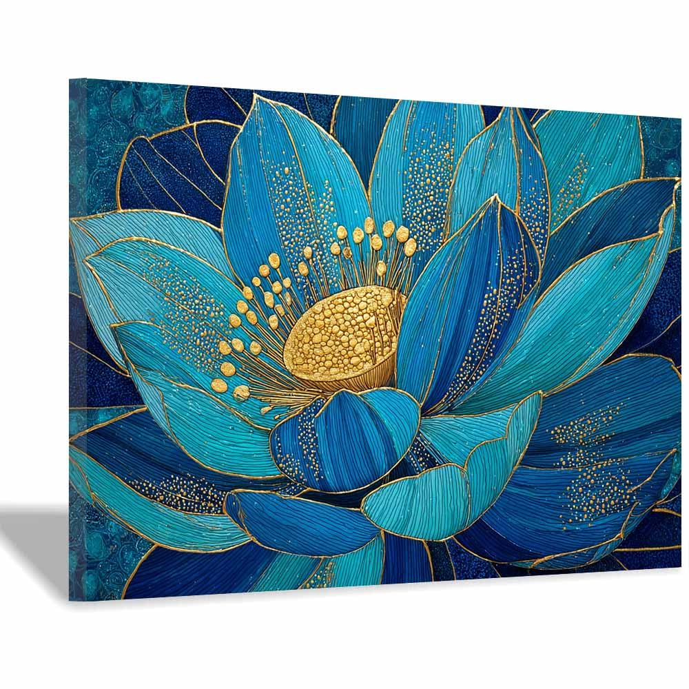 Hoqiu Multicolor Botanical Prints Blue Gold Lotuses Art Artwork, Wall Decoration Living Room Bedroom Hallway Stairs Decoration.(Multicolor)-60X80cm Framed