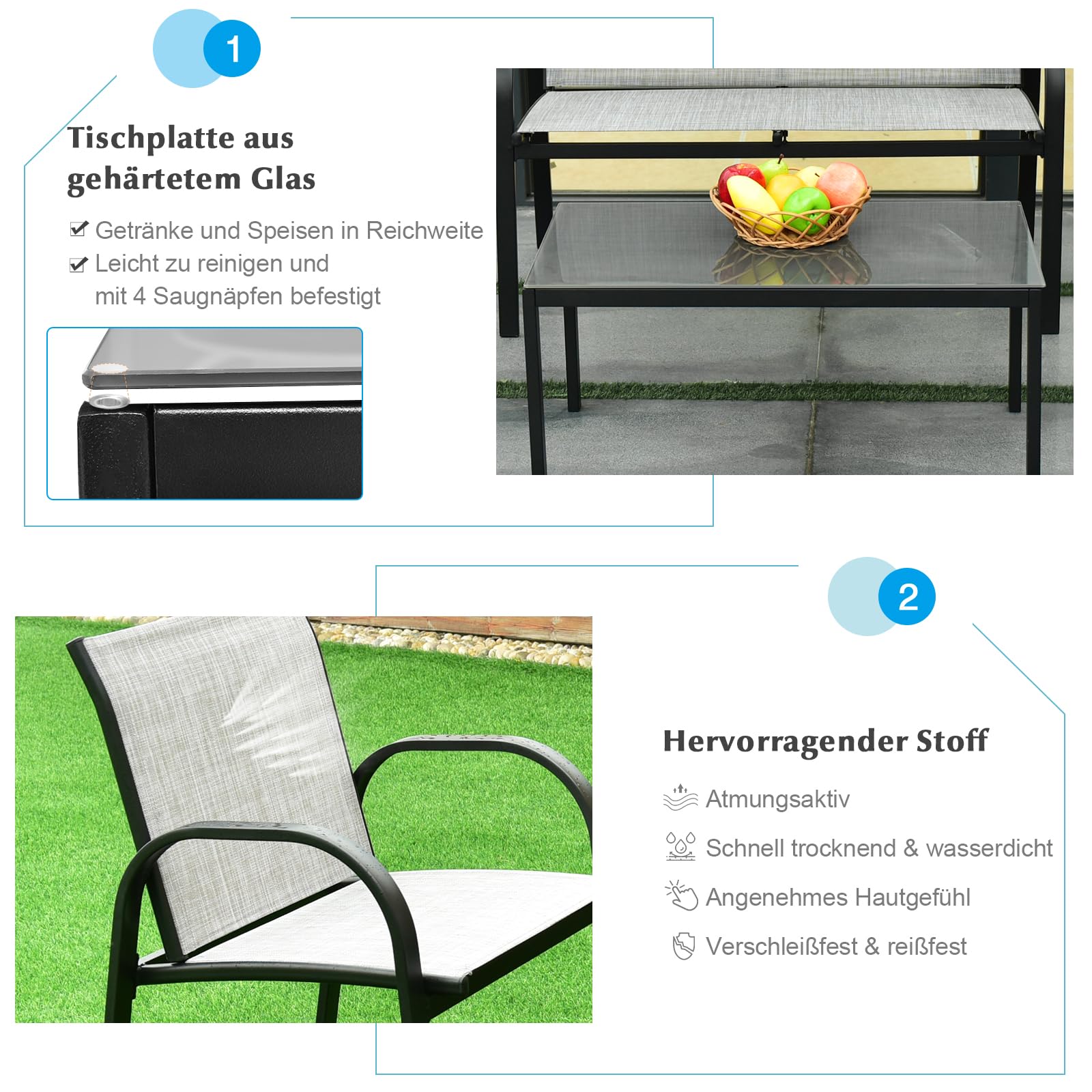 GOPLUS 4-częściowy zestaw mebli do siedzenia z materiału tekstylnego, zestaw mebli ogrodowych ze stali, szkła, zestaw foteli ogrodowych składający się z 2 pojedynczych krzeseł, 1 podwójnego krzesła, 1 stolika kawowego, do ogrodu, na balkon, taras (szary)