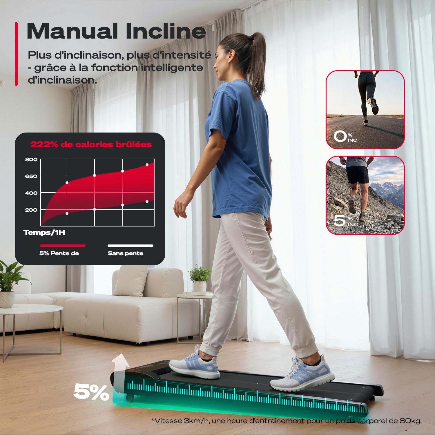 Sportstech Walking Pad Jusqu’à 6 km/h – Inclinaison Manuelle Jusqu’à 5 %, télécommande et Commande Via appli, écran LCD, podomètre, léger et Compact, roulettes de Transport, WalkMate Jusqu’à 120 kg