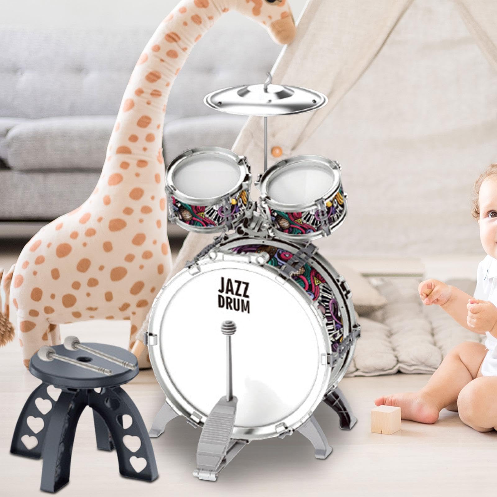 3 Piezas Batería Infantil Jazz Tambor Set Instrumento Musical Percusión con Silla Juguete Educativo Material PVC Adecuado para Niños Niñas Cumpleaños, 3 en 1