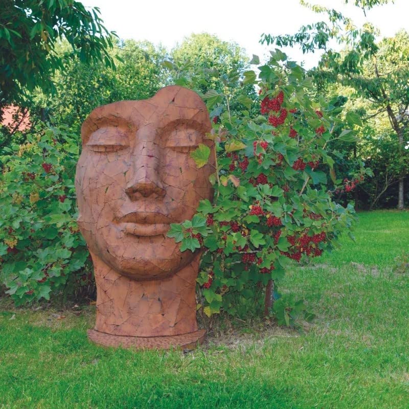 Statue Visage Femme Jardin Grand Format - Hauteur 115 Cm | Finition Rouille | Pierre Reconstituée Résistante | Pour Extérieur, Terrasse