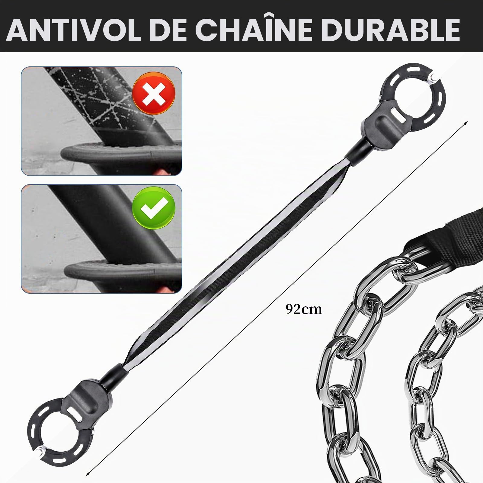 GuKKK Antivol Trotinette Electrique, 92CM Long Cadenas Trotinette Electrique, Cadenas Velo 8mm Ultra Résistant,1.5KG Robuste Chaînes Antivol pour Scooter Electriques, avec Clés et 3L Sac Etanche