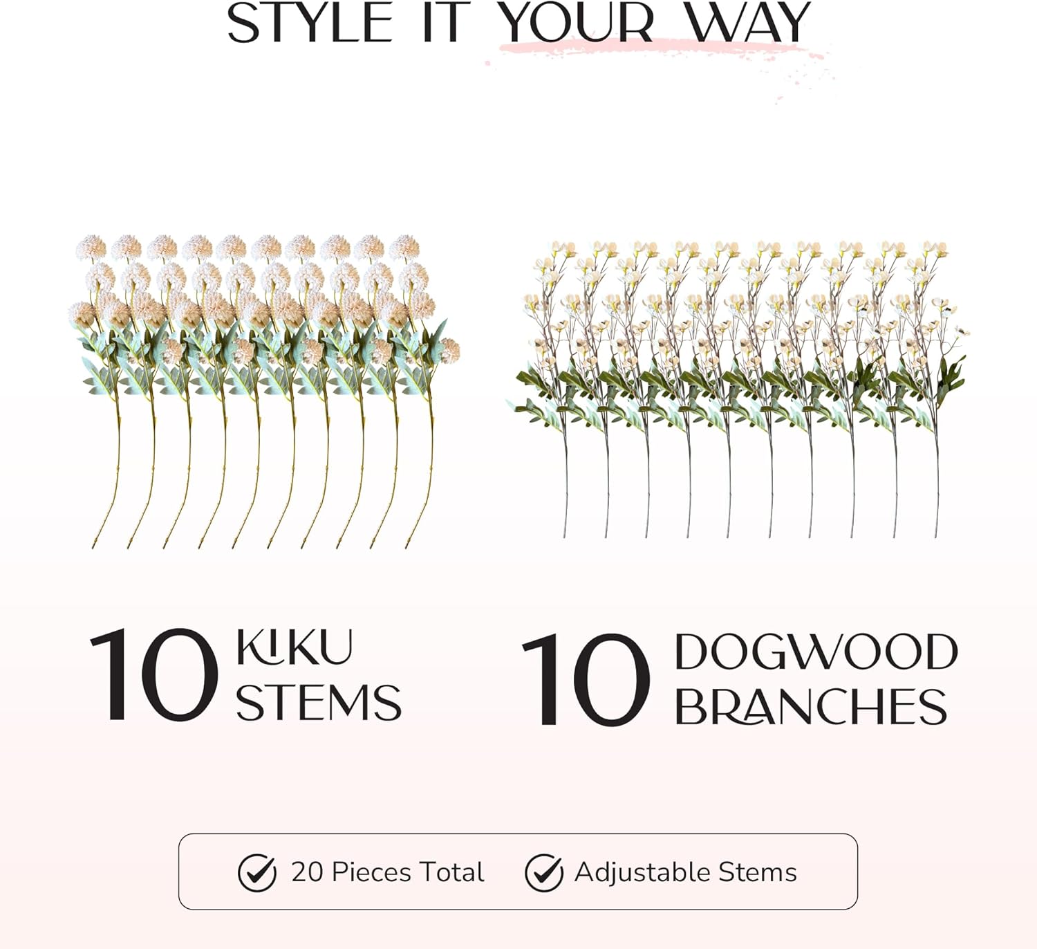 Chrysanthemum Flowers Artificial Kiku with Dogwood – 10 Cream Faux Pom Pom Mum Stems and White Dogwood Flowers for Vase, Silk Faux Floral Arrangement for Home Decor and Centerpiece Displays - Image 5