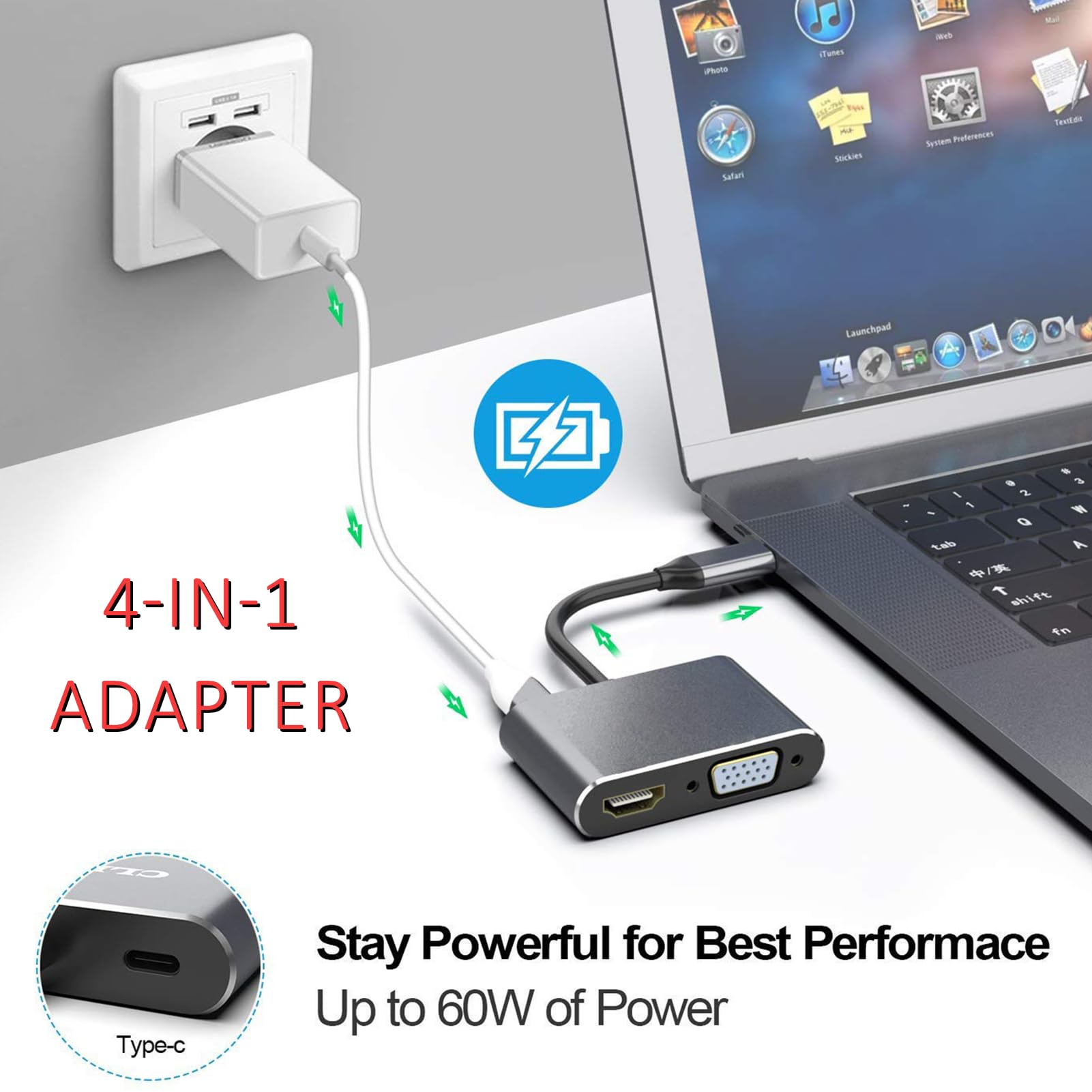 Adaptateur USB C vers HDMI VGA USB 3.0 PD 4 en 1 Hub Multiport Charge 100W pour MacBook Chromebook HDTV