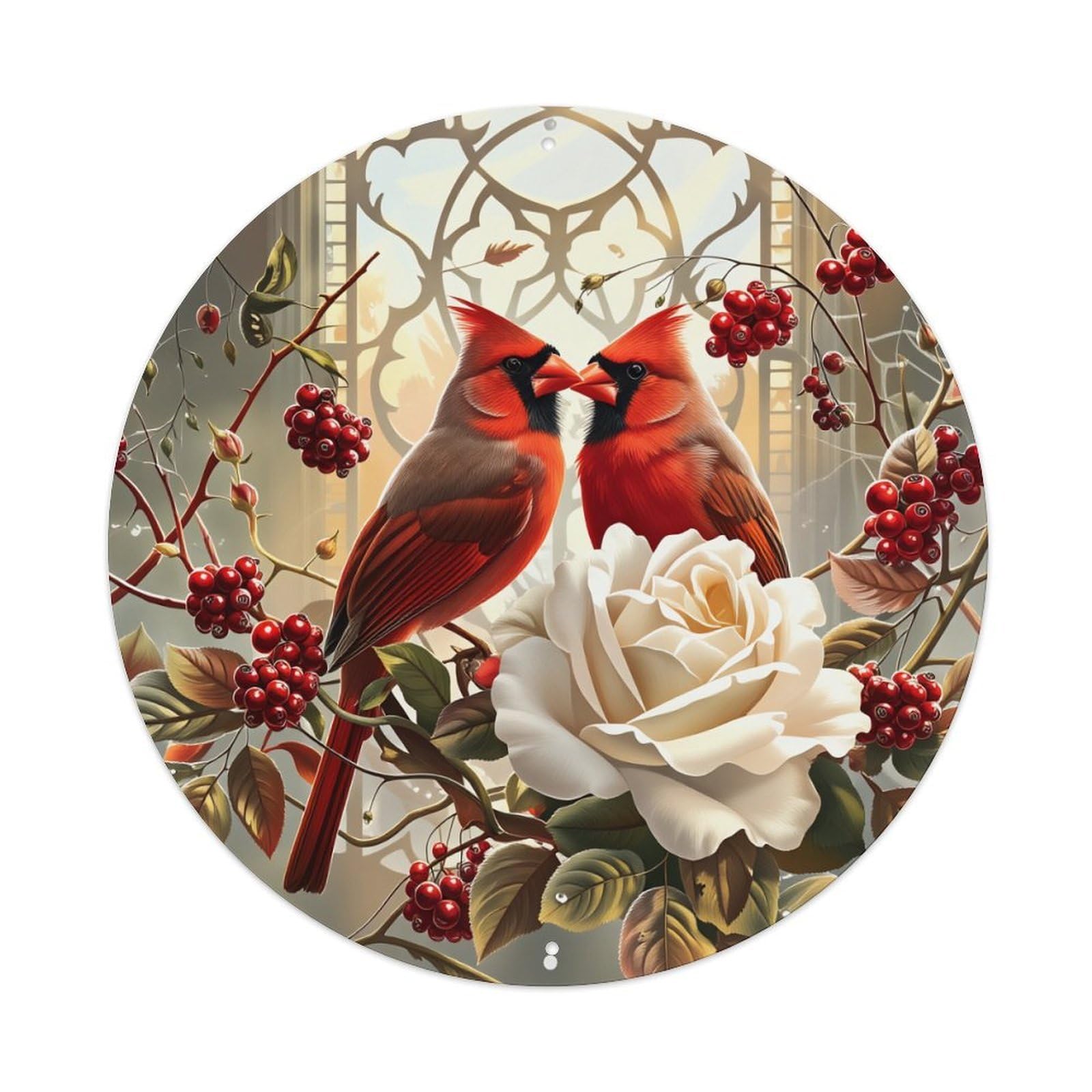Cardinal Birds Rose Berries Leaves Round Tin Sign Vintage Metal Poster, Home Bar Garage Man Cave Cafe Indoor & Outdoor Wall Decoration 8x8Inches