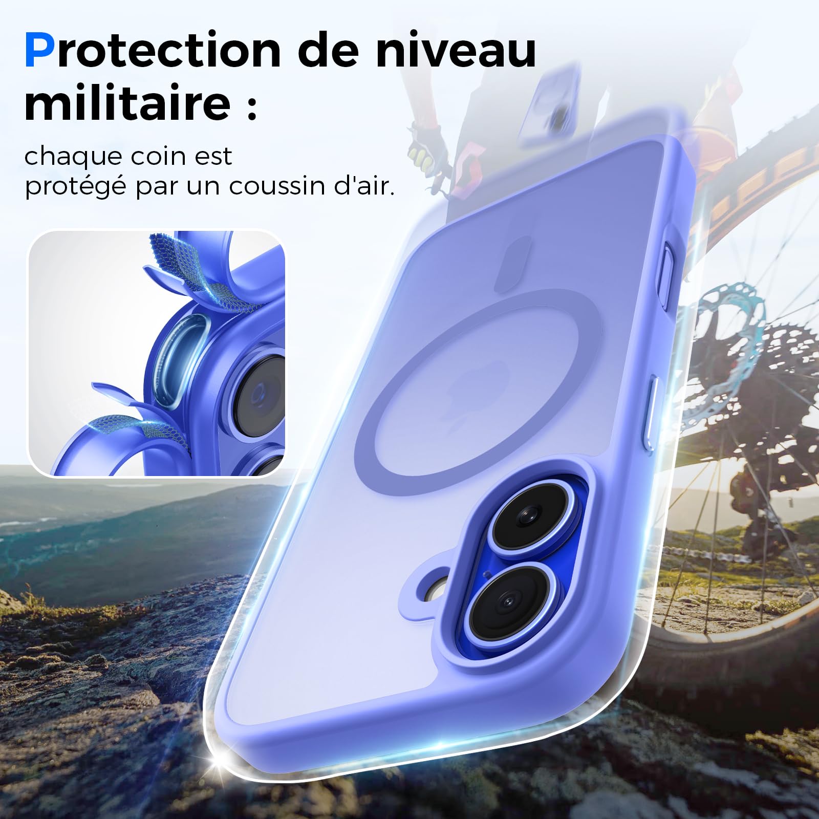 Kmofizle Coque Magnétique IPhone 16 6,1" - Translucide Givrée Fine Antichoc Outremer