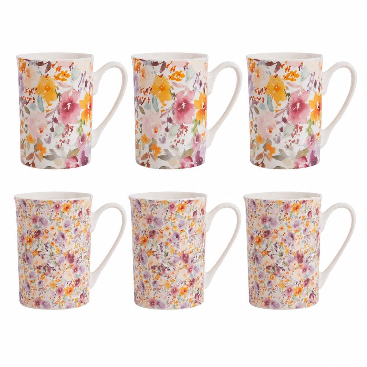 Set of 6 Floral Mugs Pink Purple White New Bone China Tea Coffee Cups 255ml