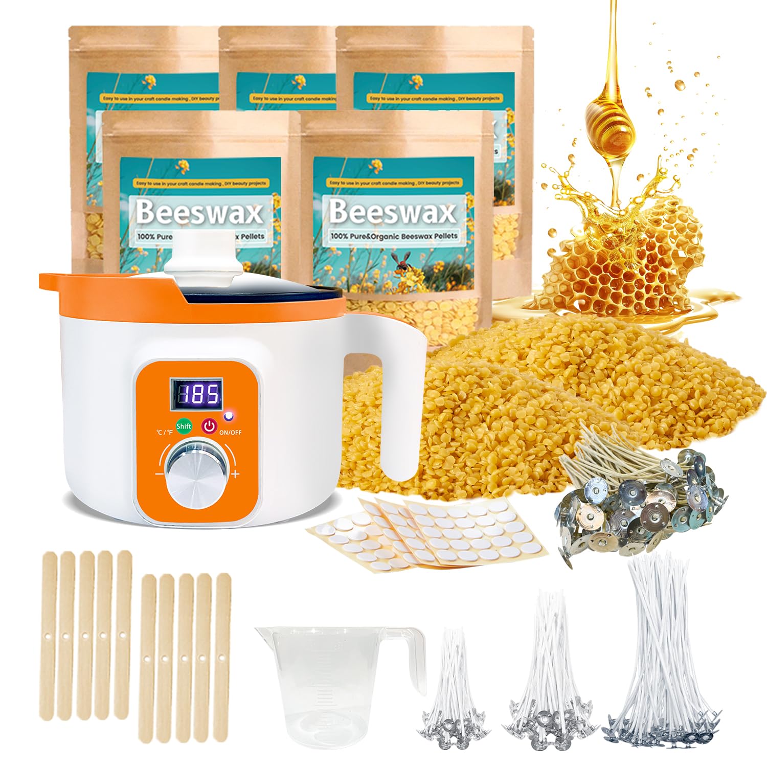Kit de cera de abejas Ksedcon para hacer velas, 5 lb de cera de abejas para hacer velas, incluye cera de abejas con derretidor de cera digital, mechas de vela, pegatinas, kit para hacer velas para adultos