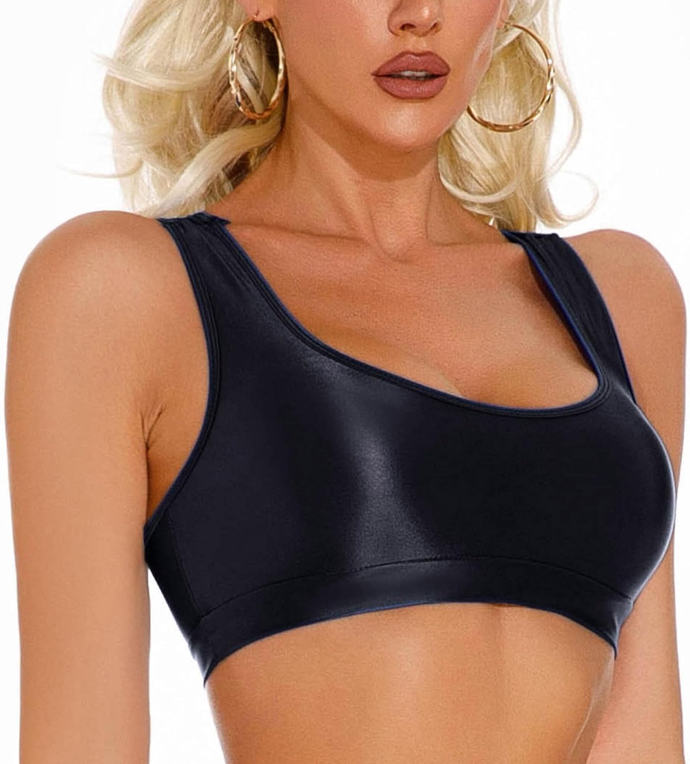 FEOYA Women Shiny Crop Tank Top Oil Glossy Top Metallic Shimmery Top for Club Party Workout