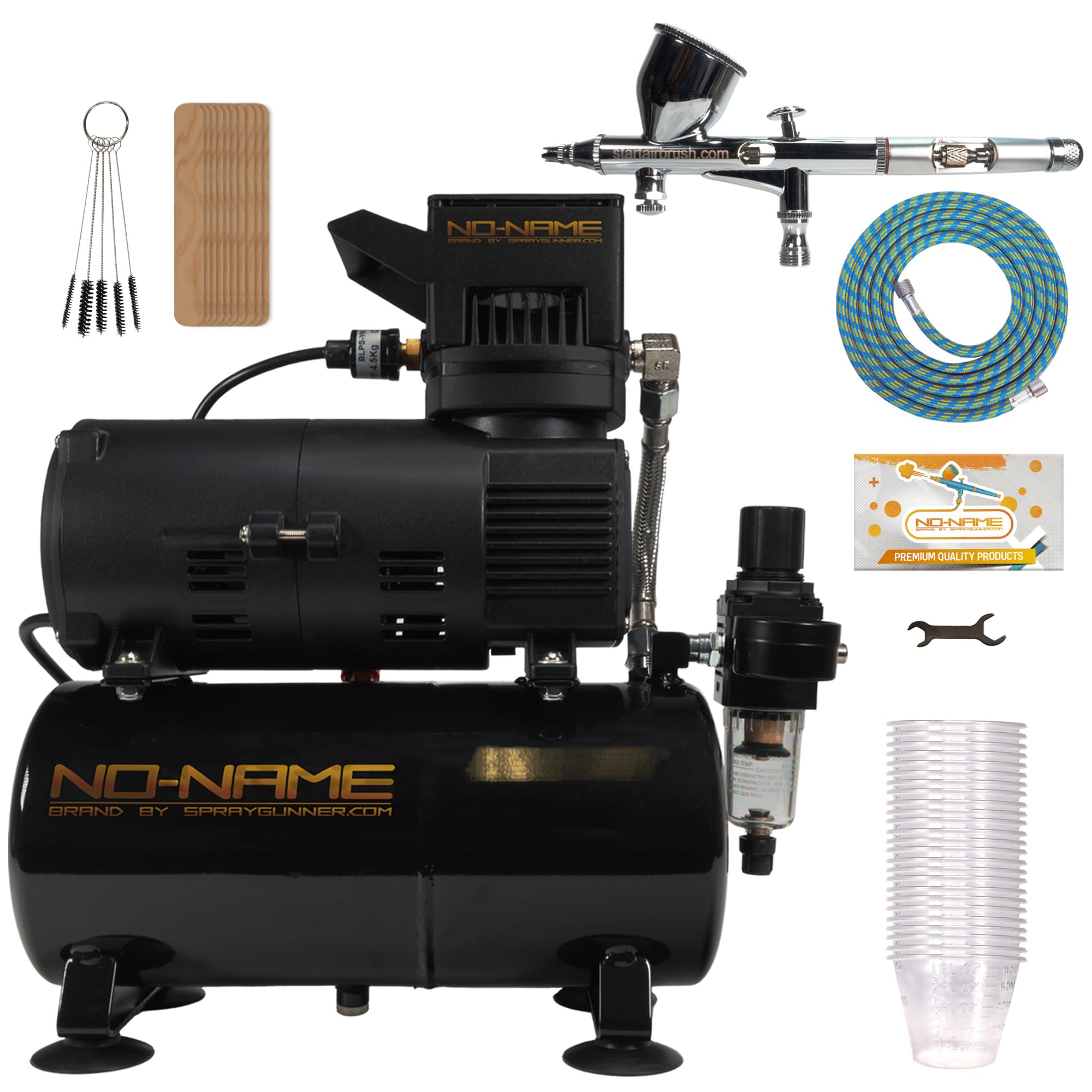 NO-NAME Brand. Airbrush Kit with Quiet Cool Tooty Compressor (Piston Type), Dual Action Airbrush Kit for Art, Tattoo, Cake Decorating, Makeup, Nail Art, and Model Painting (BD-180K With Compressor)