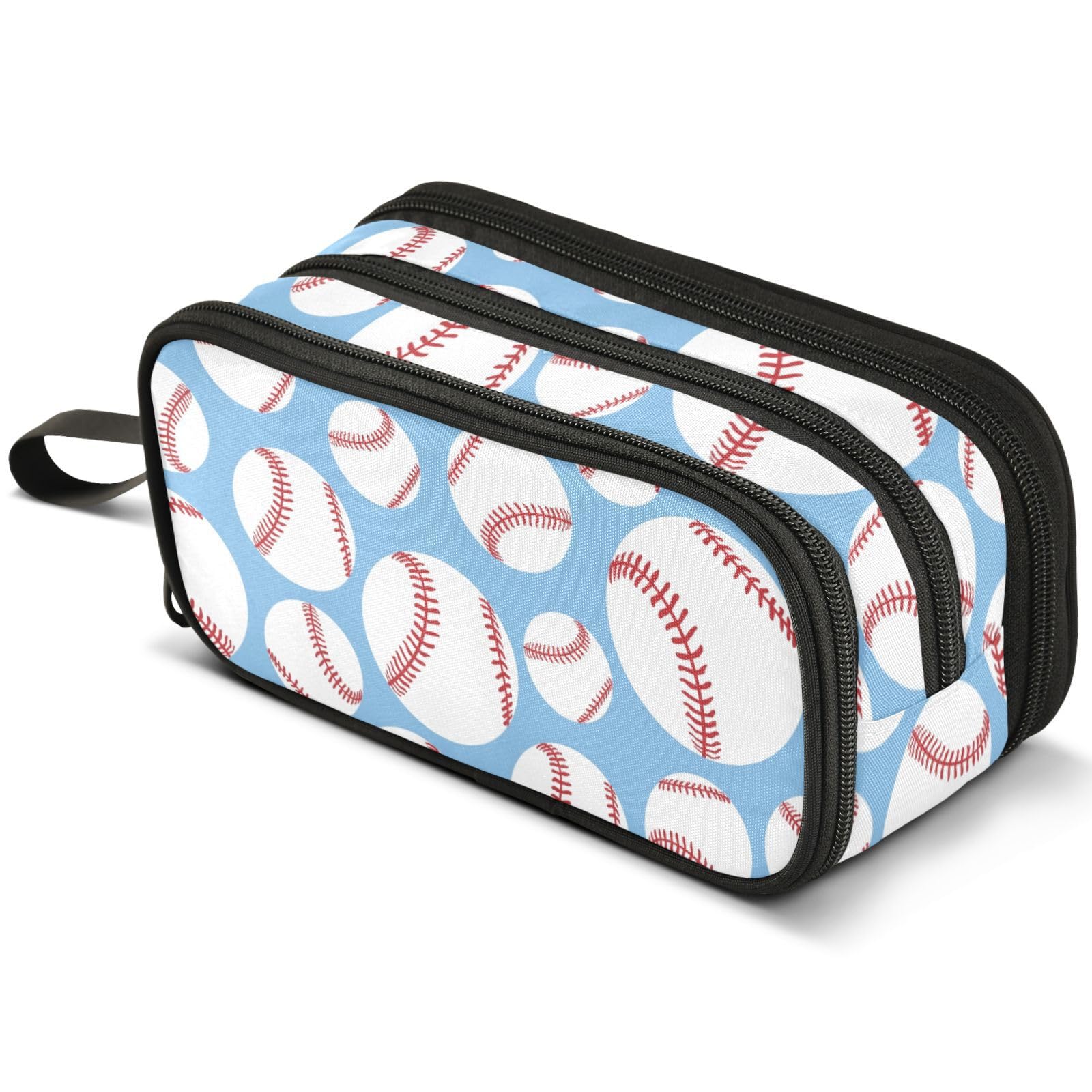 Baseballs on Blue Pencil Case Large Capacity Pen Pouch Pencil Bag with 3 Compartments Pen Holder Organizer Stationery Bag