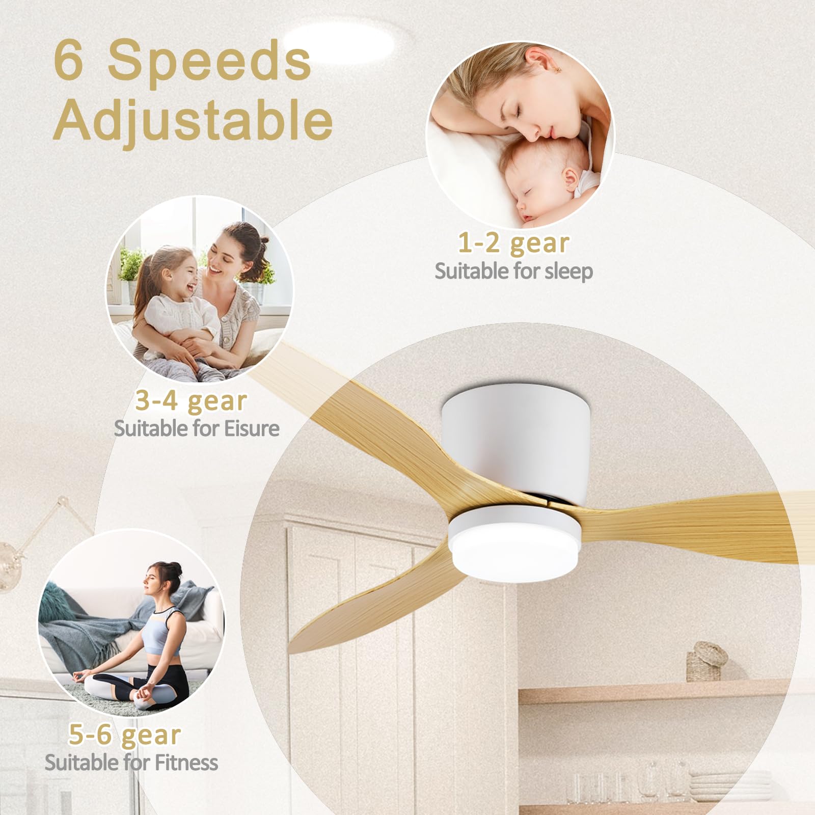 Ventilatori a soffitto con luci e Telecomando - Ventole silenziose a 6 velocità Interne con Timer, 3 CCT selezionabili, Motore DC Reversibile, Grano di Legno, 3 Lame per Soggiorno