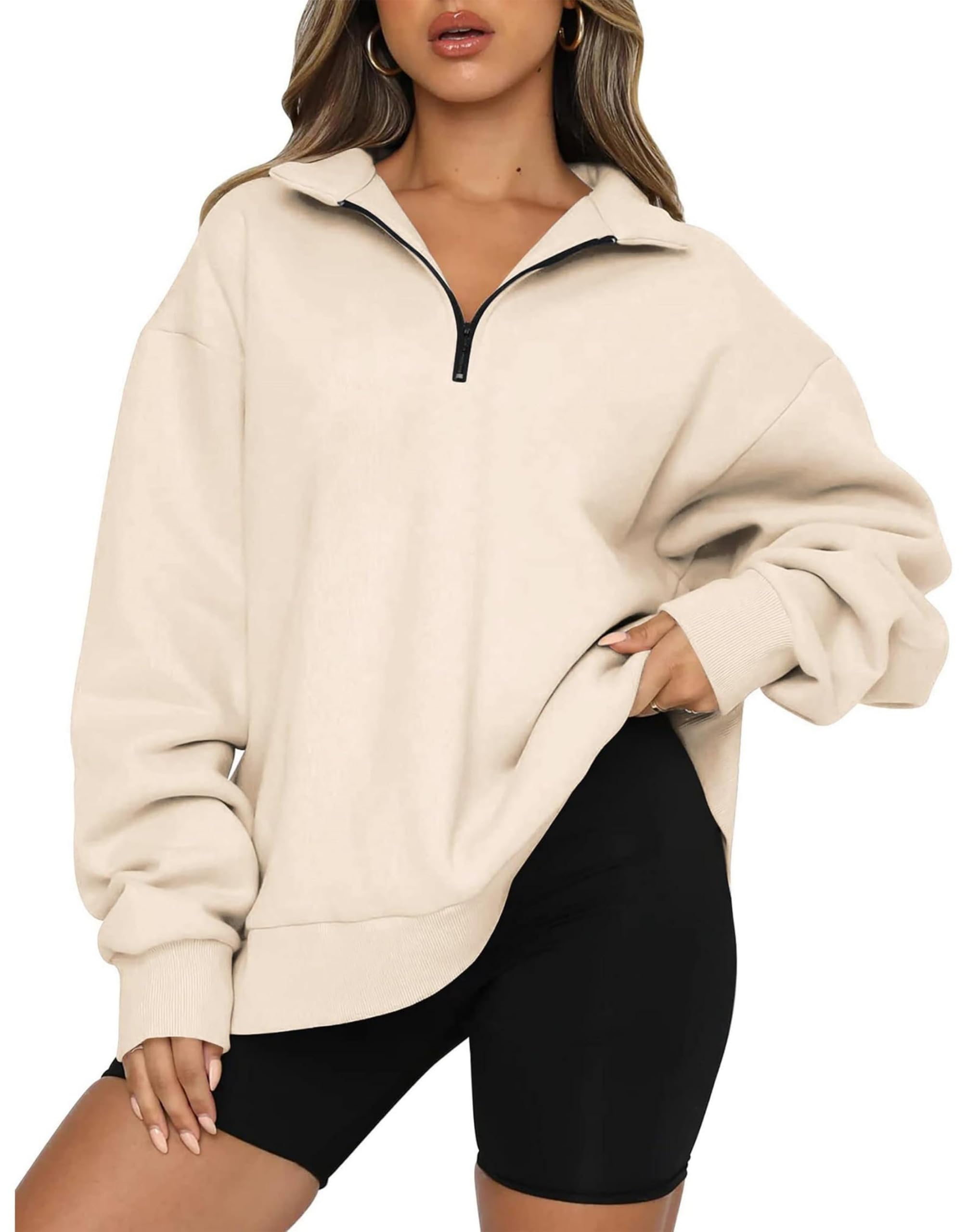 Oversize Sweatshirt Women's Autumn Winter Casual Hoody Without Hood Comfortable 1/4 Zip Pullover with Zip Fall Shoulder Fleece Hoodie L apricot