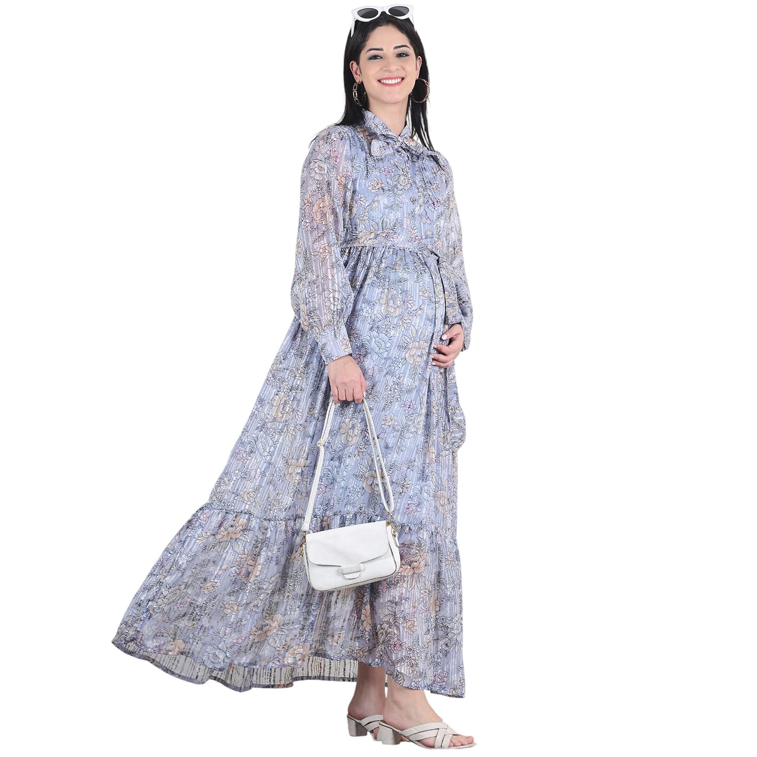 Moms Maternity Women's Floral Print Chiffon Lurax Peach Maternity Maxi Dress-image-19