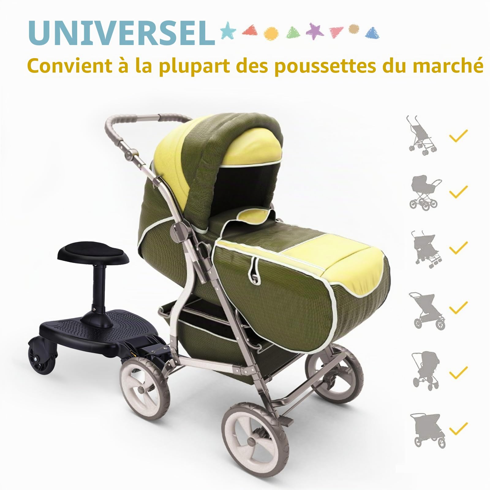 Vihir Planche Poussette Universelle, Planches à roulettes pour bébé, Marche Pied Poussette Avec Sièges Plus Larges et Hauts, Avec de Deux Tapis Antidérapants, pour Enfants de 2 à 6 Ans (25KG)