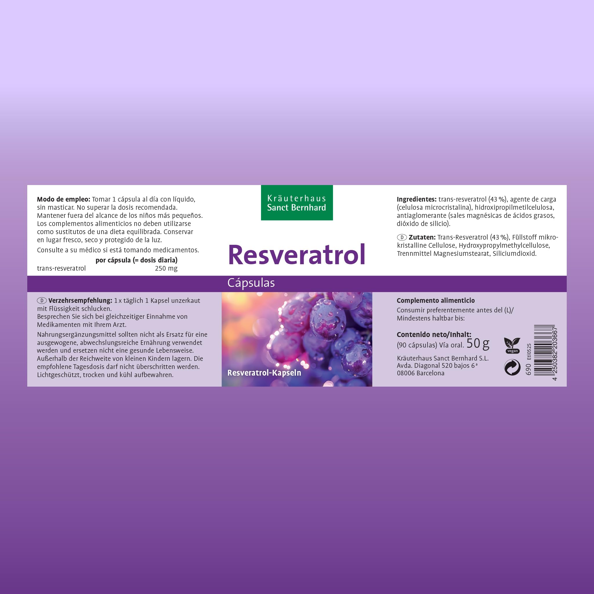 Resveratrol Puro – 250 mg Trans-Resveratrol por Cápsula – 3x 90 Cápsulas Veganas – Potente Antioxidante Natural – Suplemento Antienvejecimiento – 1 al Día