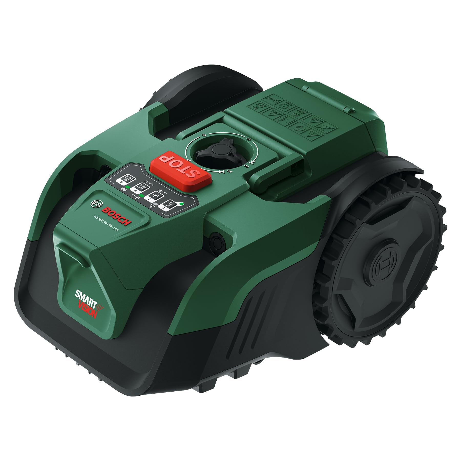 Bosch VISIMOW18V-100 - Robot tosaerba senza fili, per prati fino a 100 m², larghezza di taglio: 16 cm, altezza di taglio: 20-60 mm, batteria e caricabatterie inclusi