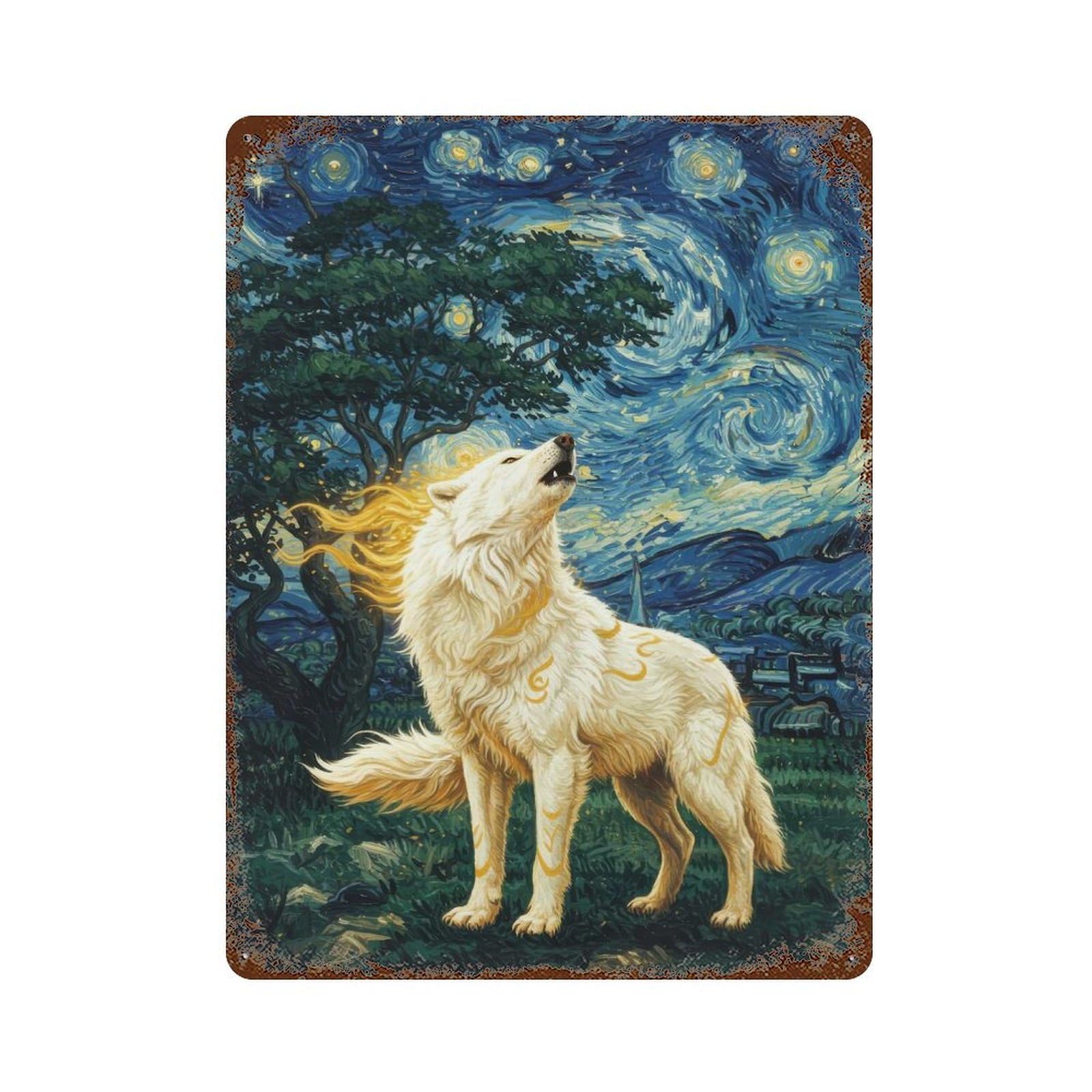 Okami Howling at Starry Night Vintage Wall Sign 15.7"x11.8", Rust Effect Metal Decor for Farmhouse, Kitchen And Entryway Decor