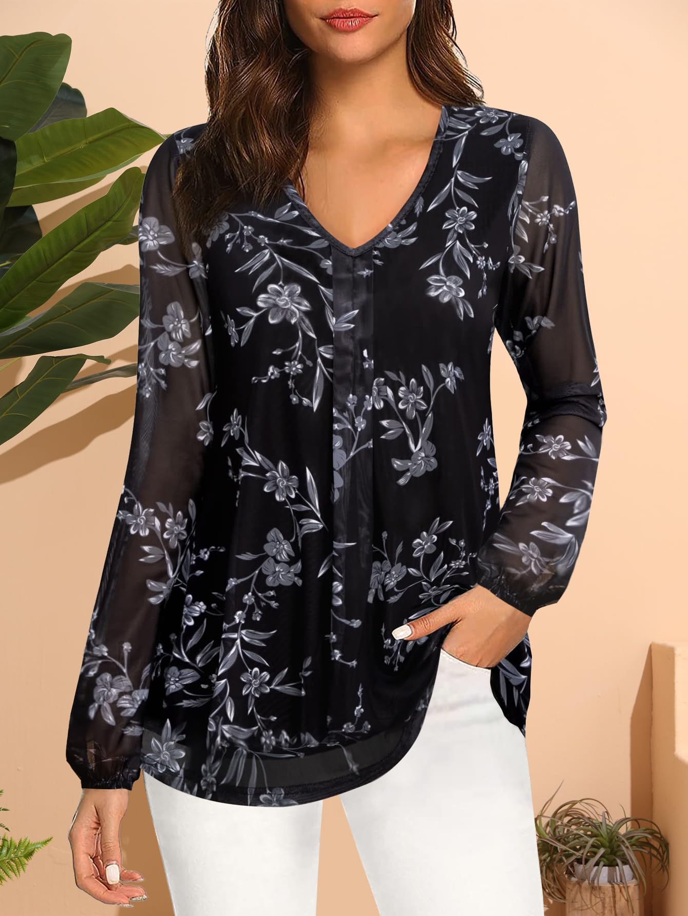 Women's Long Sleeve Tunic Tops Casual Loose Fit Floral Blouses Mesh Pleated Layered Shirt S-XXL