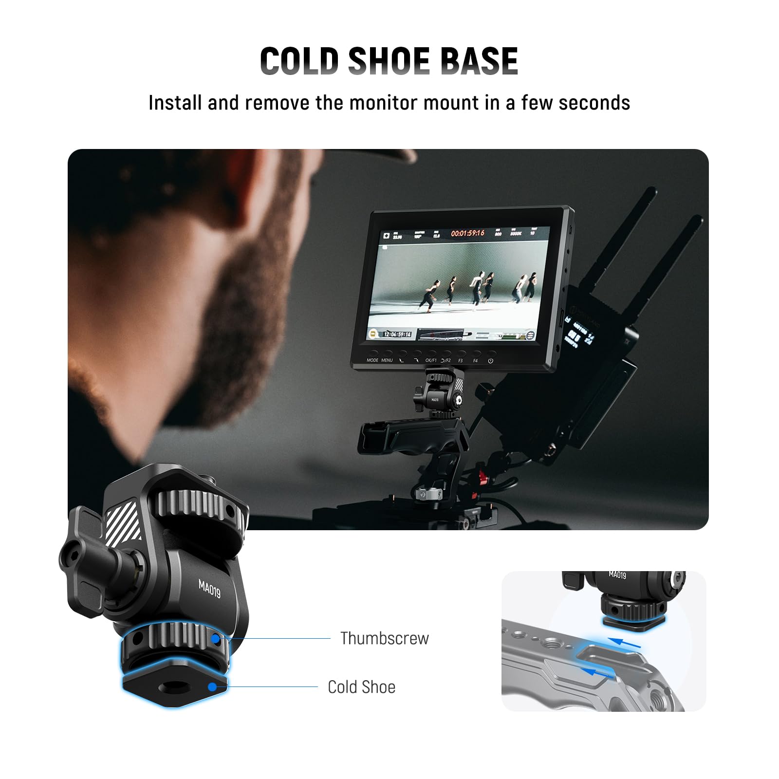 NEEWER Uchwyt na monitor terenowy z zimną stopką obracany o 360° nachylenie 180° śruba zapobiegająca skręcaniu kompatybilny z monitorem aparatu Atomos Ninja 12.7 cm i 17.8 cm, kompatybilny z klatką na
