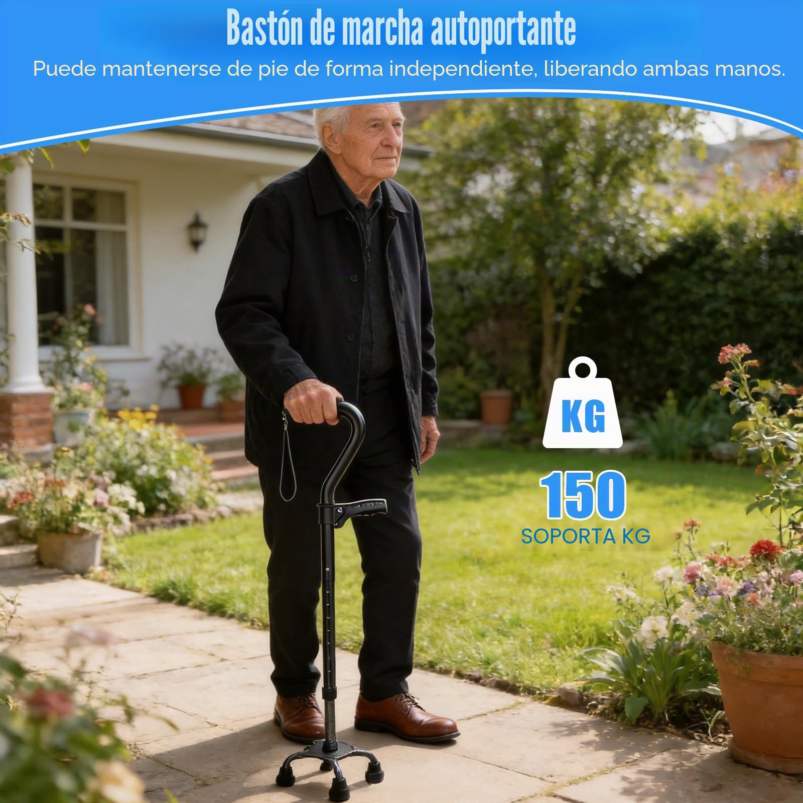 Bastón Plegable con Base de 4 Púas y Doble Empuñadura - Ayuda para Caminar Regulable y Ligera para Mujer/Hombre - Bastón Quad Estable para Personas Mayores y Adultos - Empuñadura Suave Ergonomica