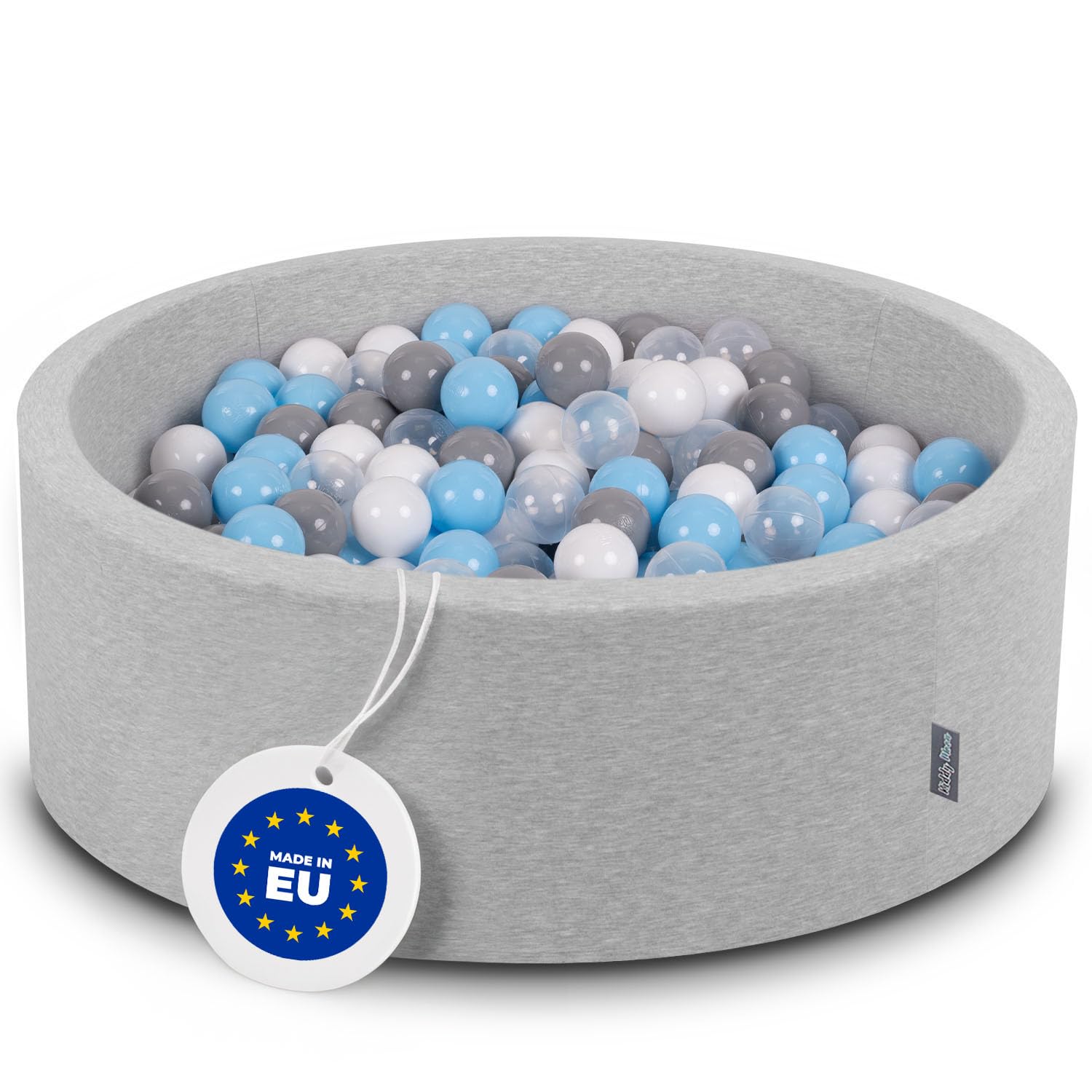 KiddyMoon 90X30cm/300 Balls ∅ 7Cm / 2.75In Baby Foam Ball Pit Made In EU, Light Grey:Grey/White/Transparent/Babyblue — image 1