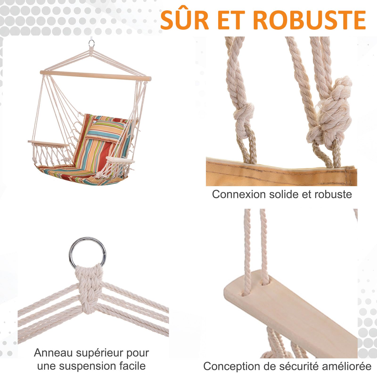 Outsunny Chaise Suspendue hamac de Voyage Respirant Portable dim. 100L x 106H cm Coton macramé Polyester Multicolore rayé