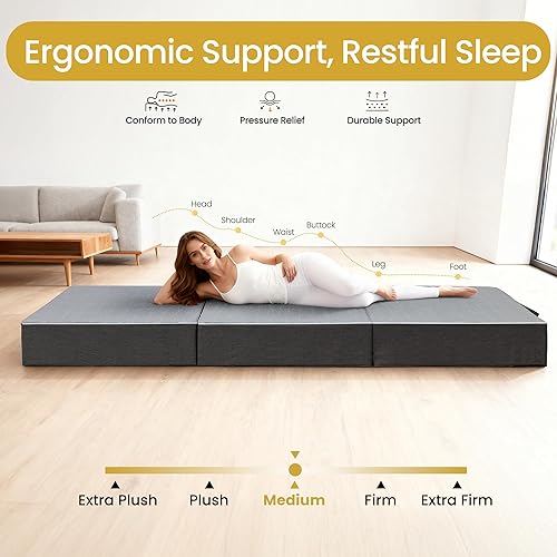 Miniatura 3 de Colchón Tri Plegable Tamaño King – Colchón Plegable de Espuma Viscoelástica de Doble Capa de 6 Pulgadas, Cama de Piso Portátil Sofá con Funda