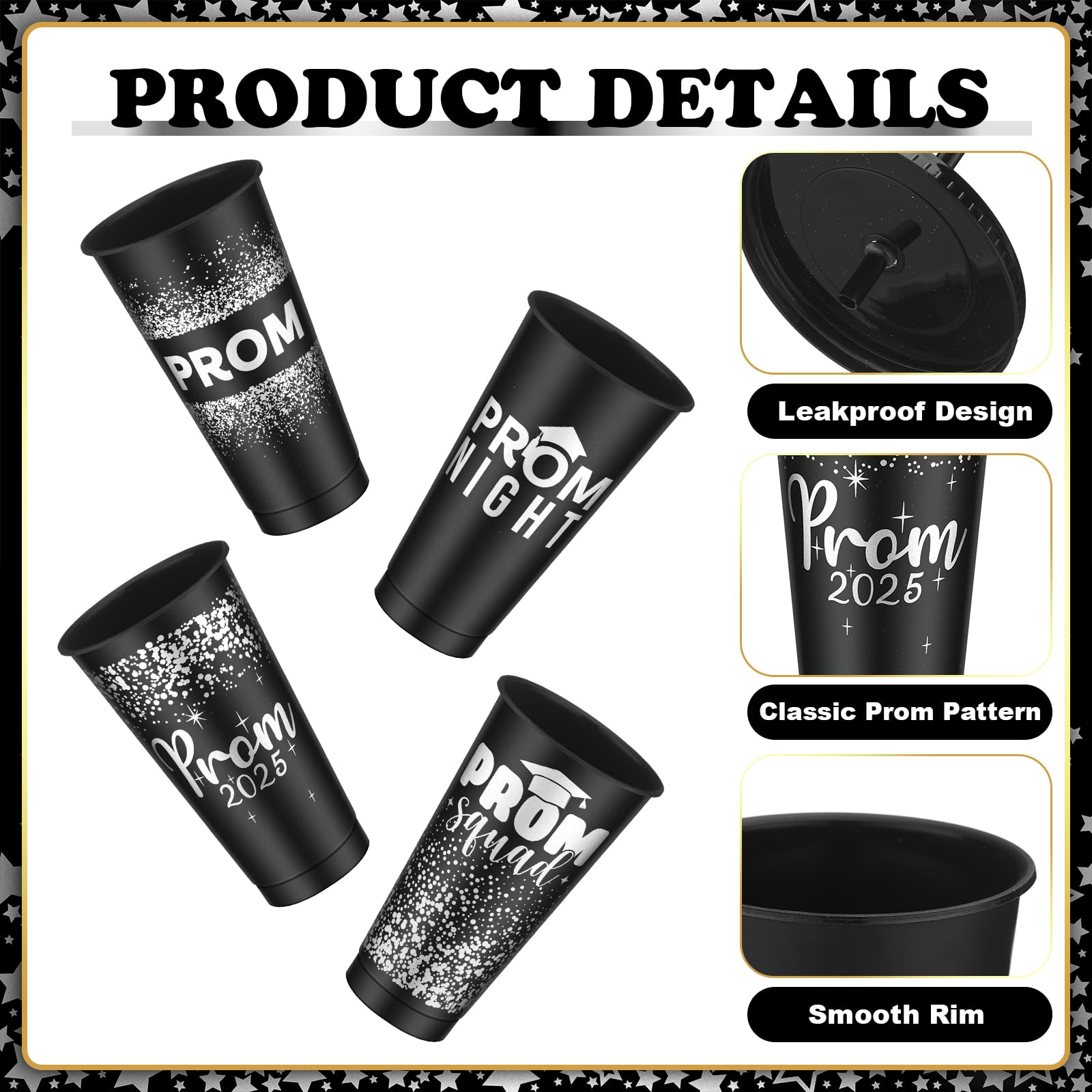 SiliFine 12 Set Graduation Prom 2025 Plastic Cups, 24oz Reusable Prom Plastic Tumblers Cup with Lids and Straws Graduation Party Dinnerware Supplies Bulk for Cold Drink (Black Silver)