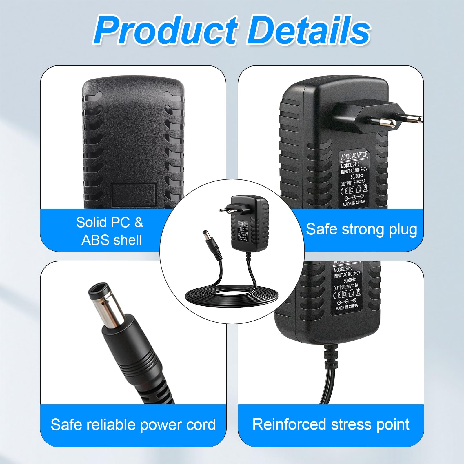 Alimentatore 24V 1A Universale con Connettore DC 5,5x2,5 mm Compatibile 5,5x2,1 mm, Adattatore AC 100–240V a DC 24 Volt per Strisce LED, Telecamere CCTV, Router, Dispositivi Industriali