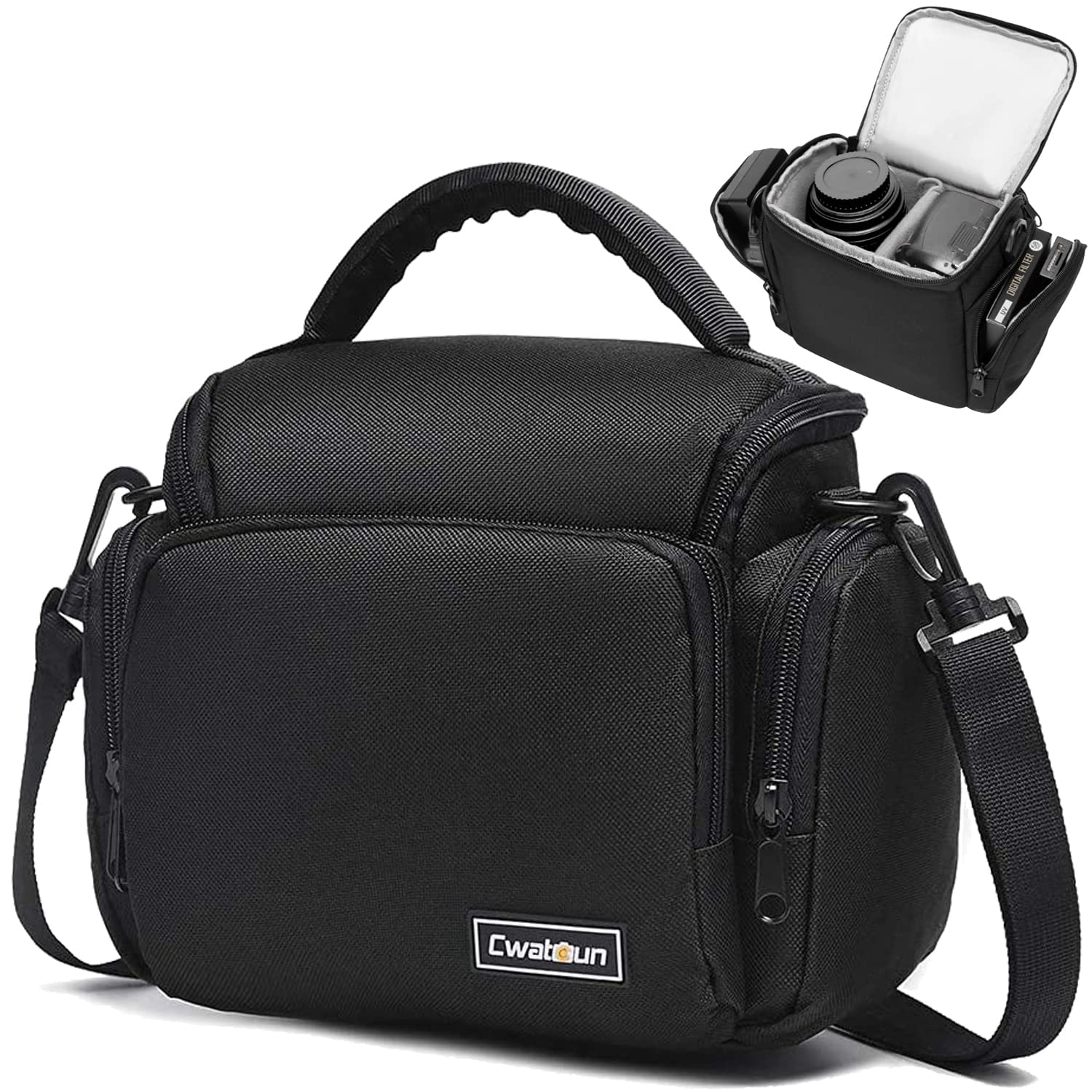 Cwatcun Camera Bag, SLR Cameras Case, Sling Crossbody Compact Camera Single Bag Case Compatible for Canon Nikon Sony SLR DSLR Mirrorless Cameras and Lenses Water Resistant Black Small