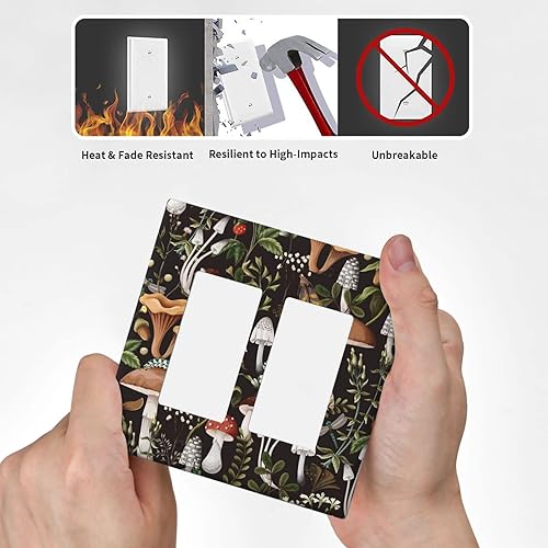 Miniatura 6 de Cubierta de interruptor de luz de hongo negro de 2 cuadrillas, placa decorativa de pared doble basculante tamaño estándar 4.50 x 4.50 pulgadas para