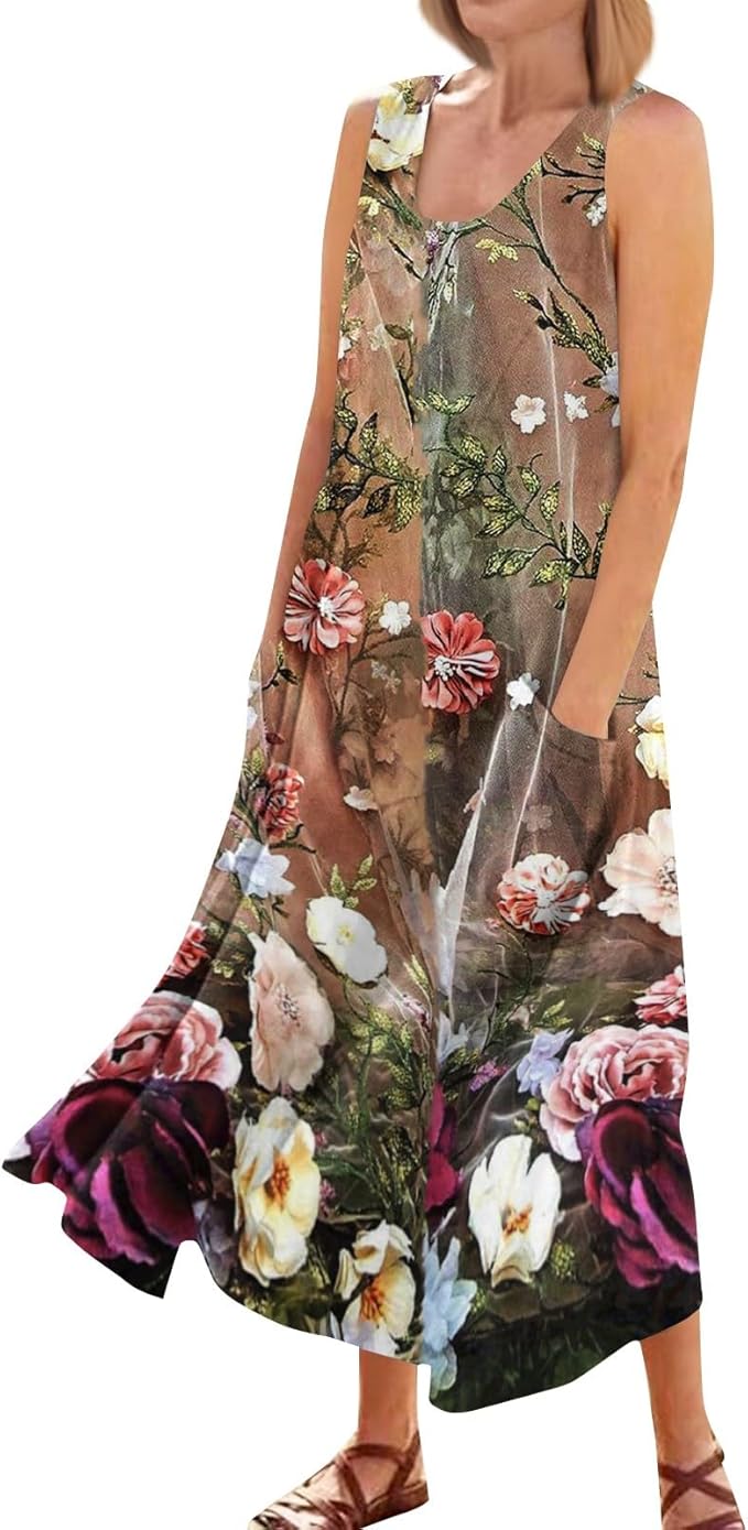 Plus Size Cotton Linen Summer Dresses for Curvy Women 2025 Sleeveless Maxi Vacation Beach Sundresses with Pockets