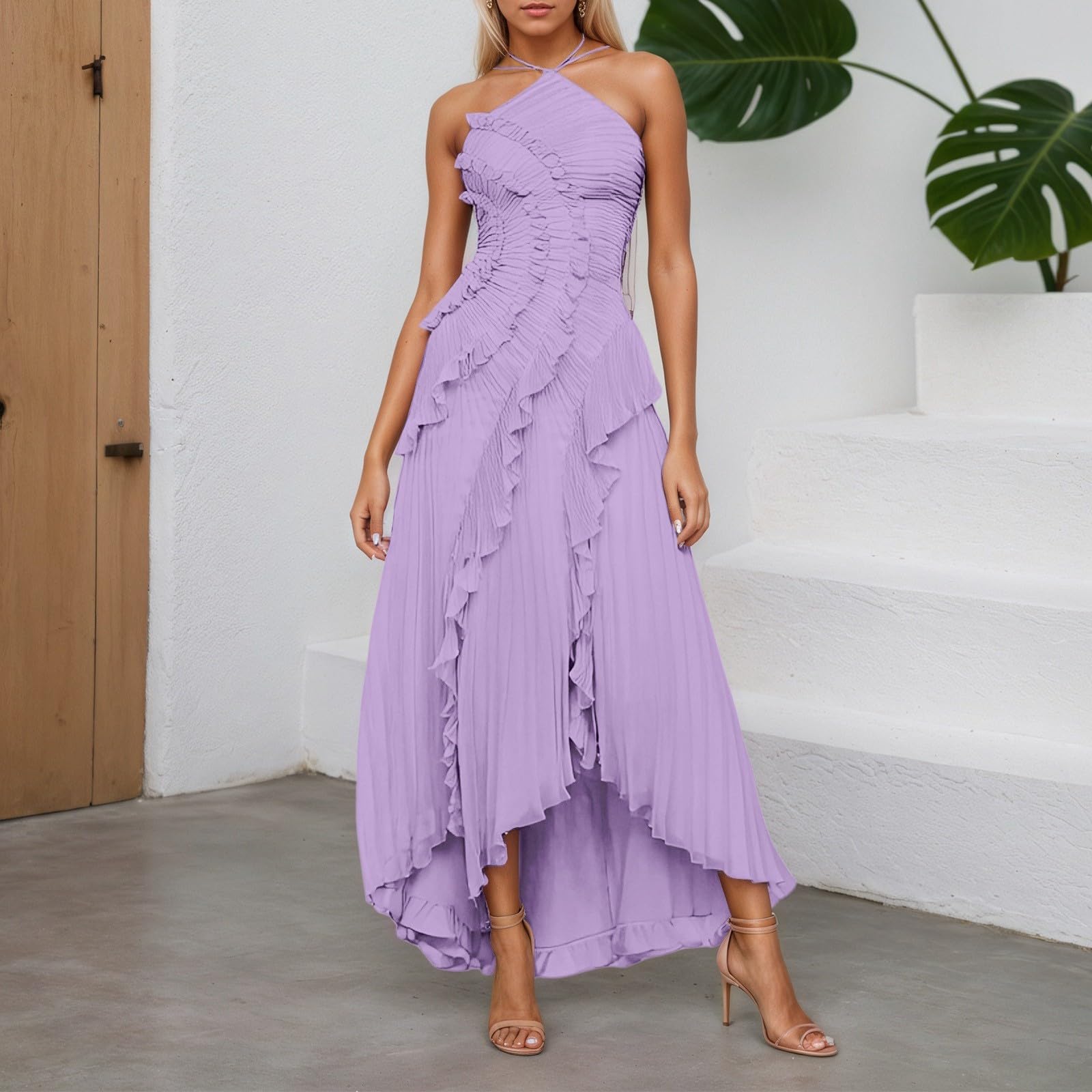 Générique Damska długa sukienka Bohemian Fluid Maxi Casual Lato Szykowna Elegancka Luźna Plaża Lekki Wygodny Kwiatowy Nadruk Okrągły Dekolt Z Długim Rękawem A39