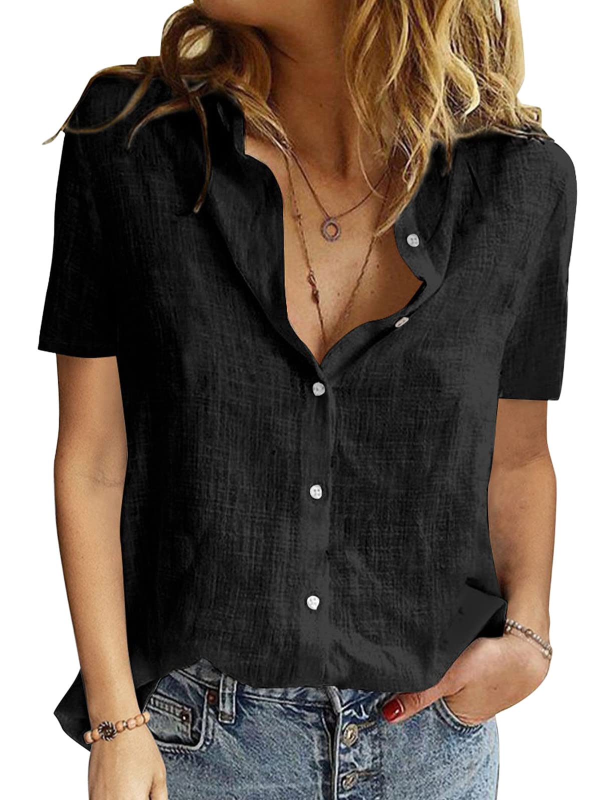 PASUDA Blusas de Mujer Algodón Camiseta Manga Corta Elegante Verano Camisa con Botón Cuello en V Casual Blusa Shirts Tunic Tops
