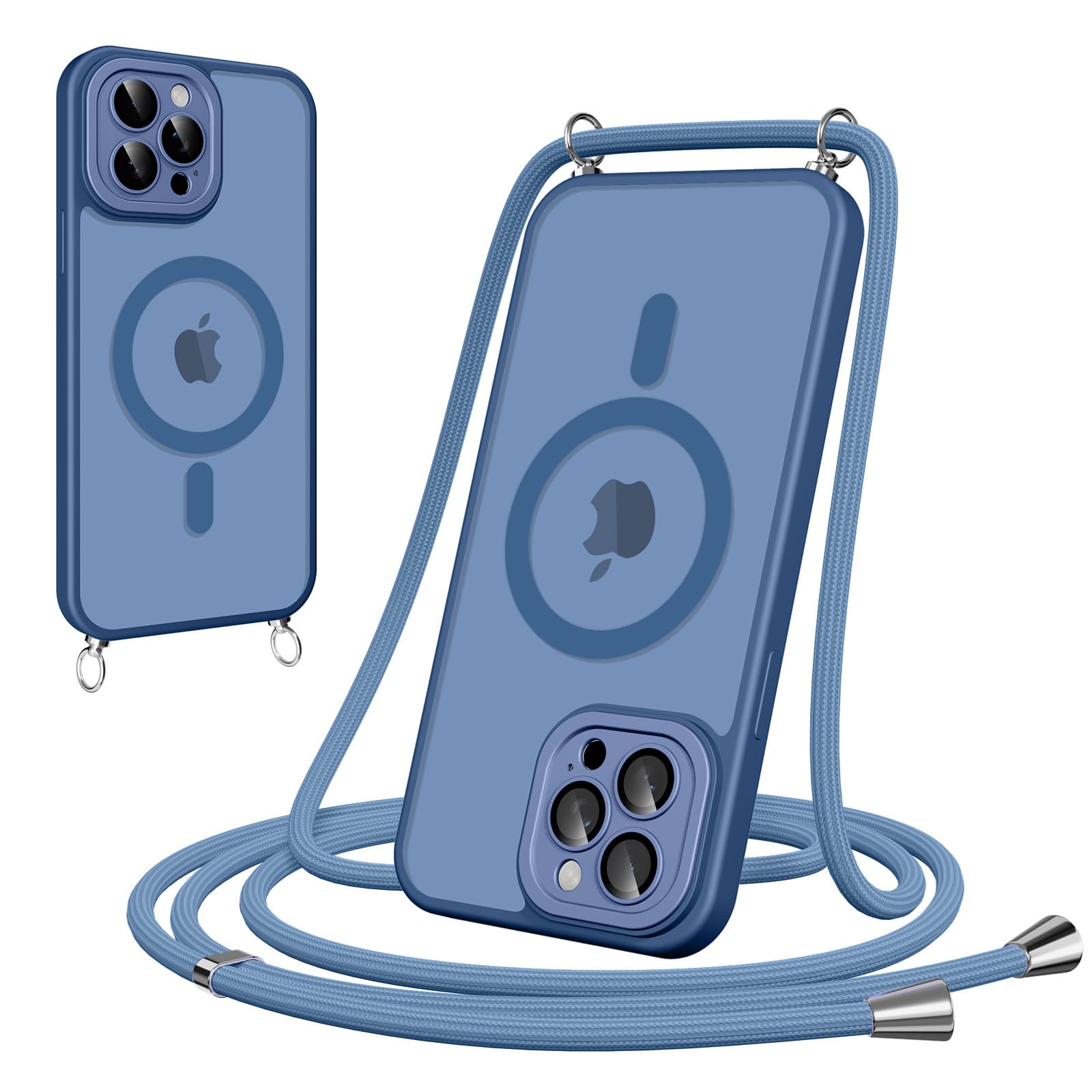 Pnakqil Funda Magnética Para Apple IPhone 15 Con Cuerda,Compatible Con MagSafe,Carcasa Translúcido Mate Trasera Case Con Correa Colgante Ajustable Collar Correa De Cuello Cadena Cordón,Azul