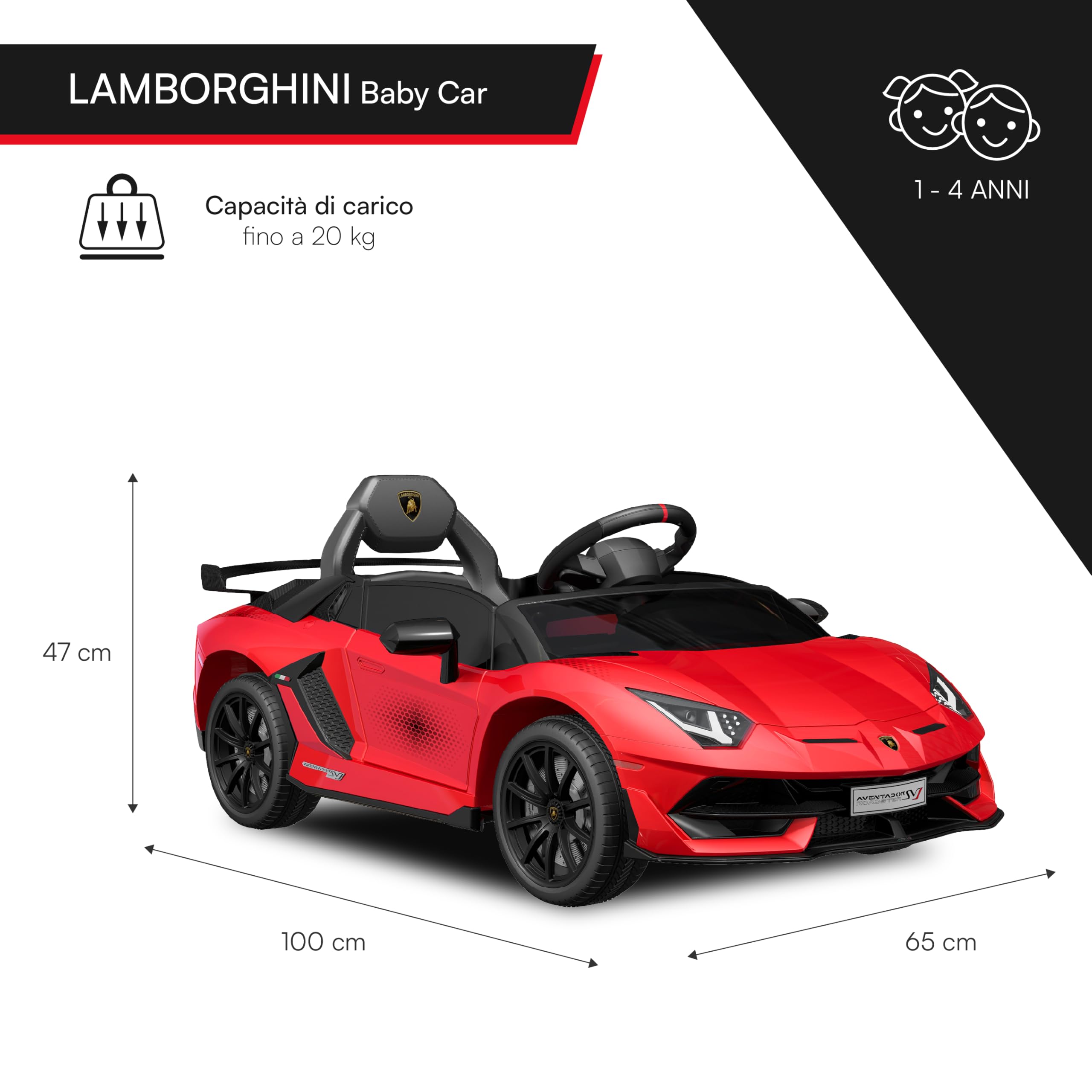 Baroni Toys Lamborghini Baby Car Elettrica 6V con Telecomando Genitori, Suoni, MP3, Retromarcia, Auto per Bambini 1-4 Anni, 100x60x50 cm Rossa