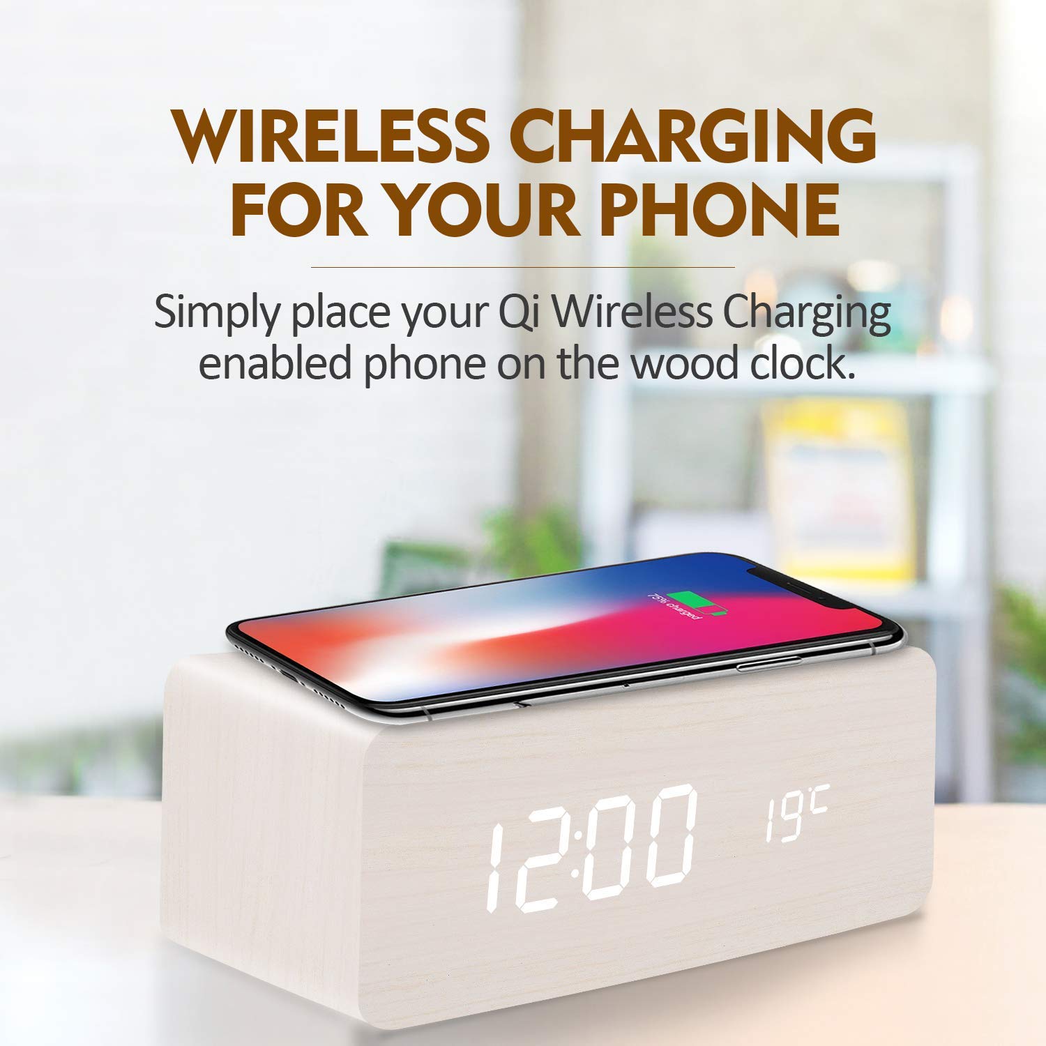 Reloj despertador digital inalámbrico de madera con luz LED para mesa, escritorio o mesita de noche, modo de sueño, fecha, Celsius/Fahrenheit, 12/24 horas, 3 alarmas, control de sonido, brillo