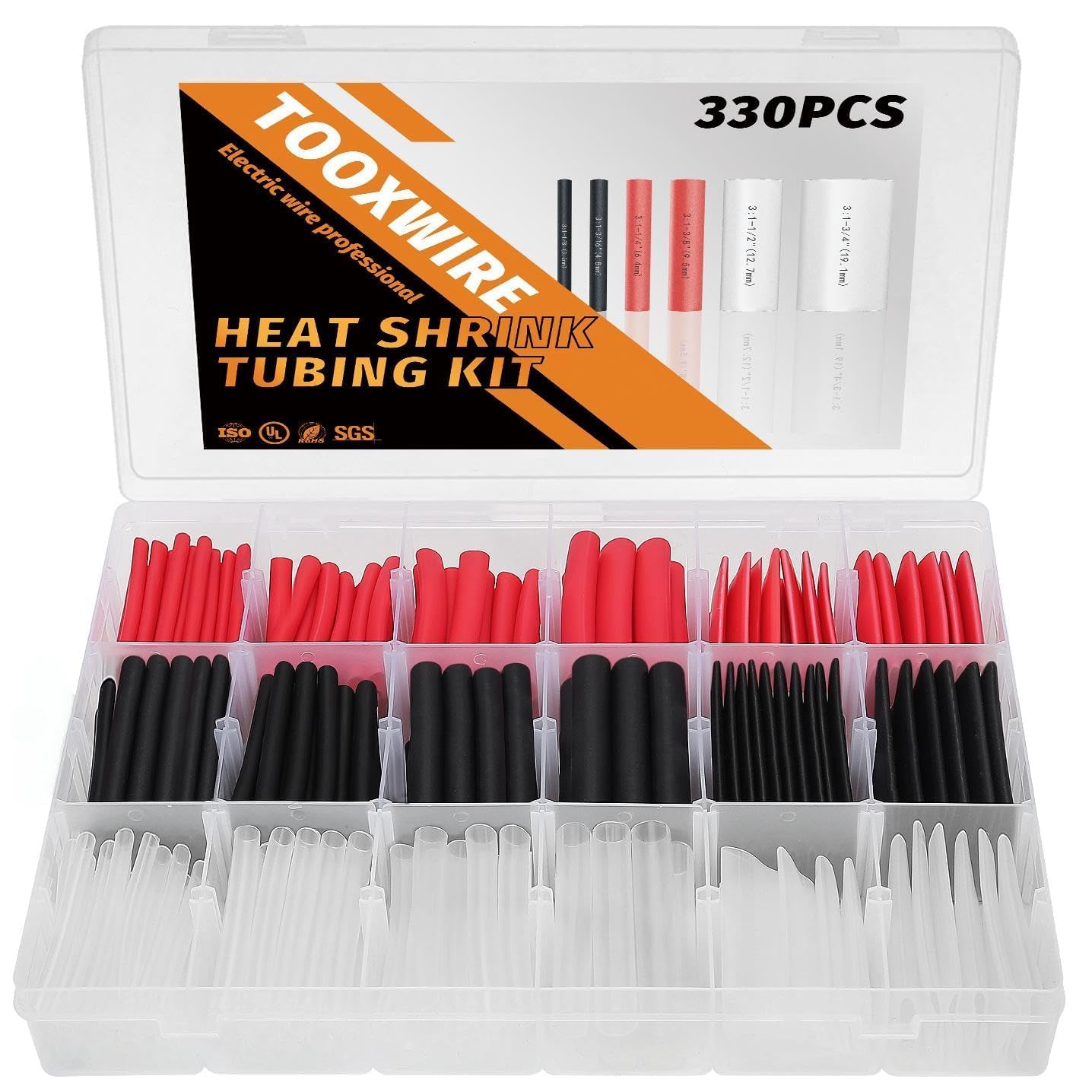 330 Pcs Heat Shrink Tubing Kit Ratio 4:1 for Wires,Marine Grade Heatshrink Wrap,Black,Red,Clear,1.77" Length