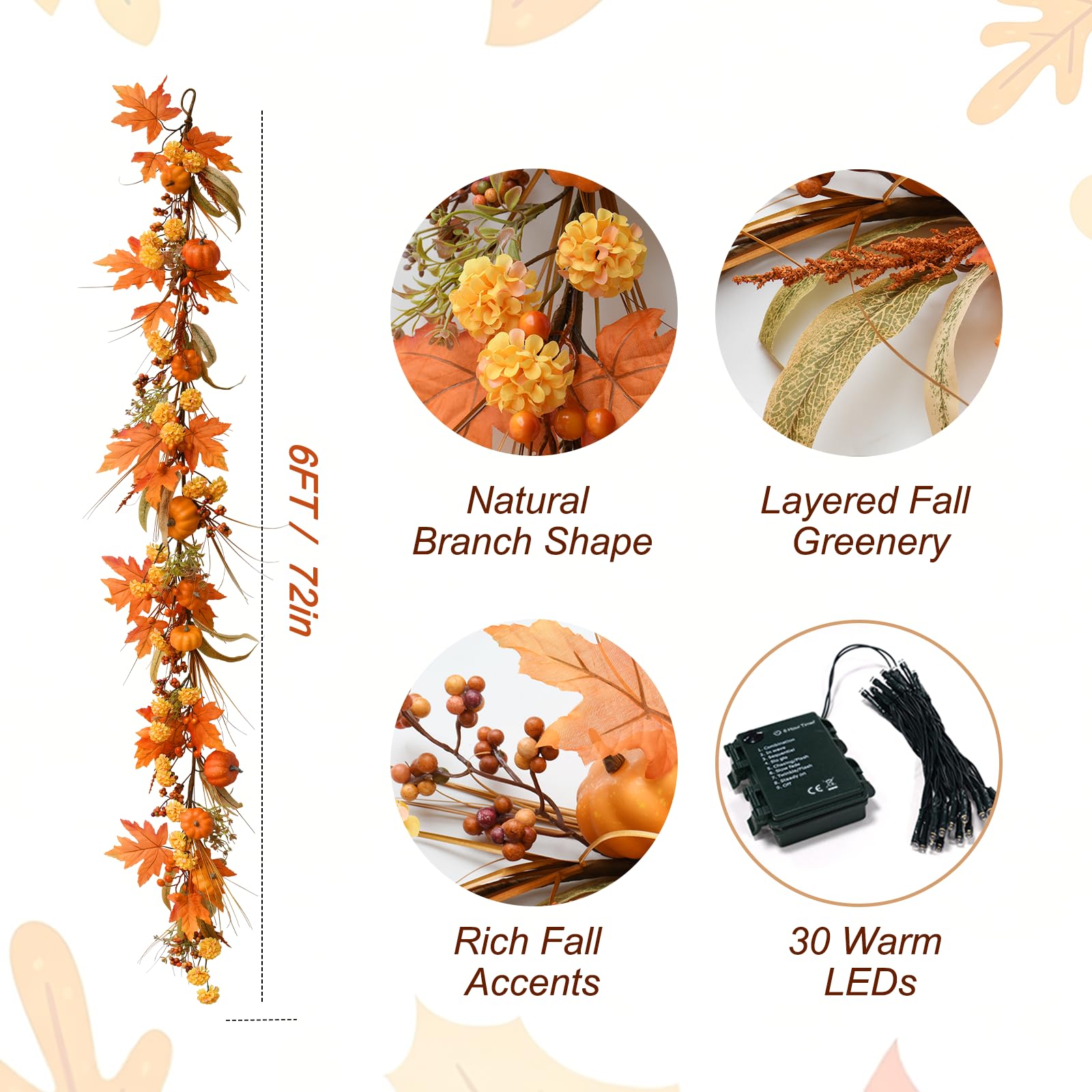 Guirnalda de otoño de 6 pies con luces, calabaza y hoja de arce para