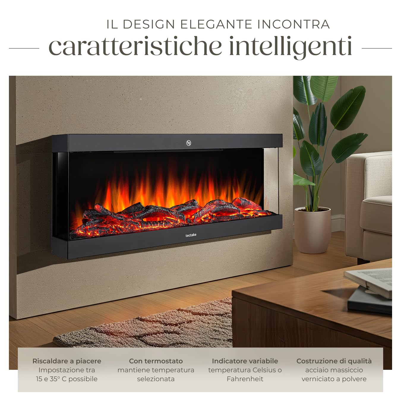 tectake® Caminetto elettrico da parete, 91,4 x 38x 24,5 cm, Camino Elettrico Smart, 2 livelli di calore 900/1800 W, Stufa effetto fiamma 3D, 9 colori, 5 Livelli luce, termostato, telecomando, app Tuya