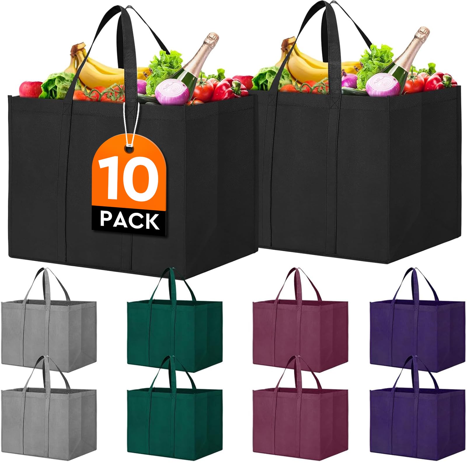 WISELIFE Reusable Grocery Shopping Bags 10 Pack Large Foldable Tote Bags Bulk,Eco Produce Bags with Long Handle for Shopping Groceries Clothes(5 Assorted Colors)